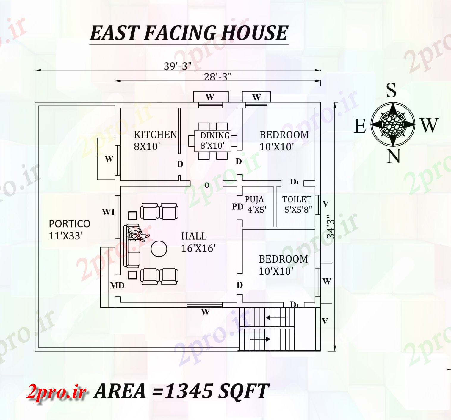 دانلود نقشه مسکونی ، ویلایی ، آپارتمان 3 X34'3 کامل 2bhk شرق مواجه خانه طرحی به عنوان در هر Vastu را Shastra و جزئیات پی دی اف 8 در 8 متر (کد157620)