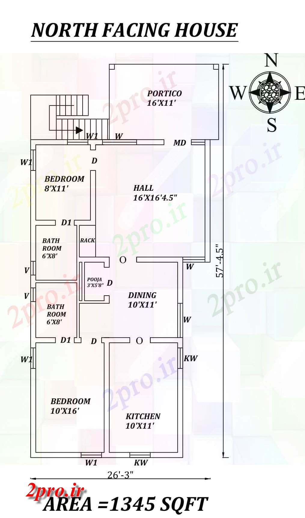 دانلود نقشه مسکونی ، ویلایی ، آپارتمان 3 X57'5 شگفت انگیز شمالی طرحی خانه 2bhk به عنوان در هر Vastu Shastra هستند اتوکد و جزئیات پی دی اف 7 در 13 متر (کد157622)