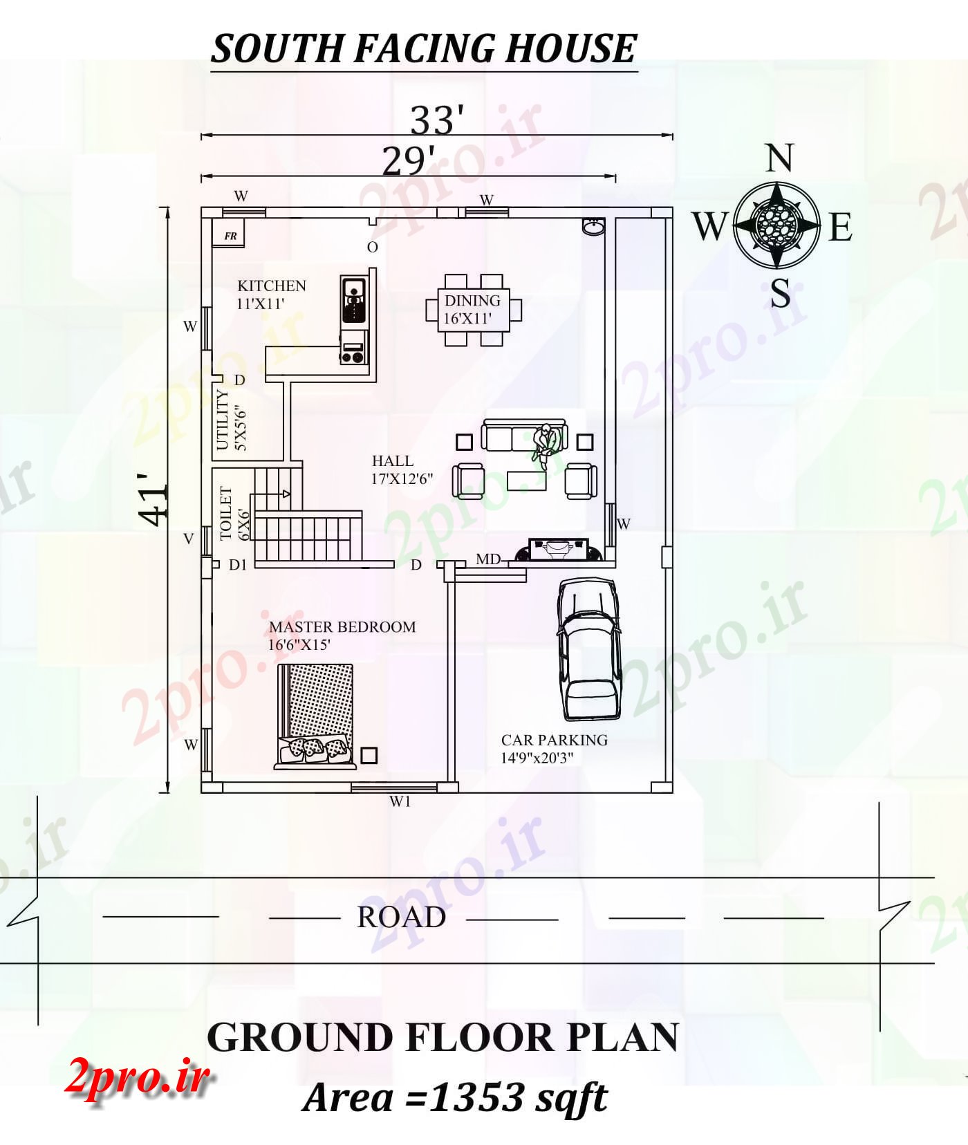 دانلود نقشه مسکونی ، ویلایی ، آپارتمان X41 تک BHK رو به جنوب خانه طرحی به عنوان در هر Vastu Shastra هستند اتوکد و جزئیات پی دی اف 9 در 12 متر (کد157624)