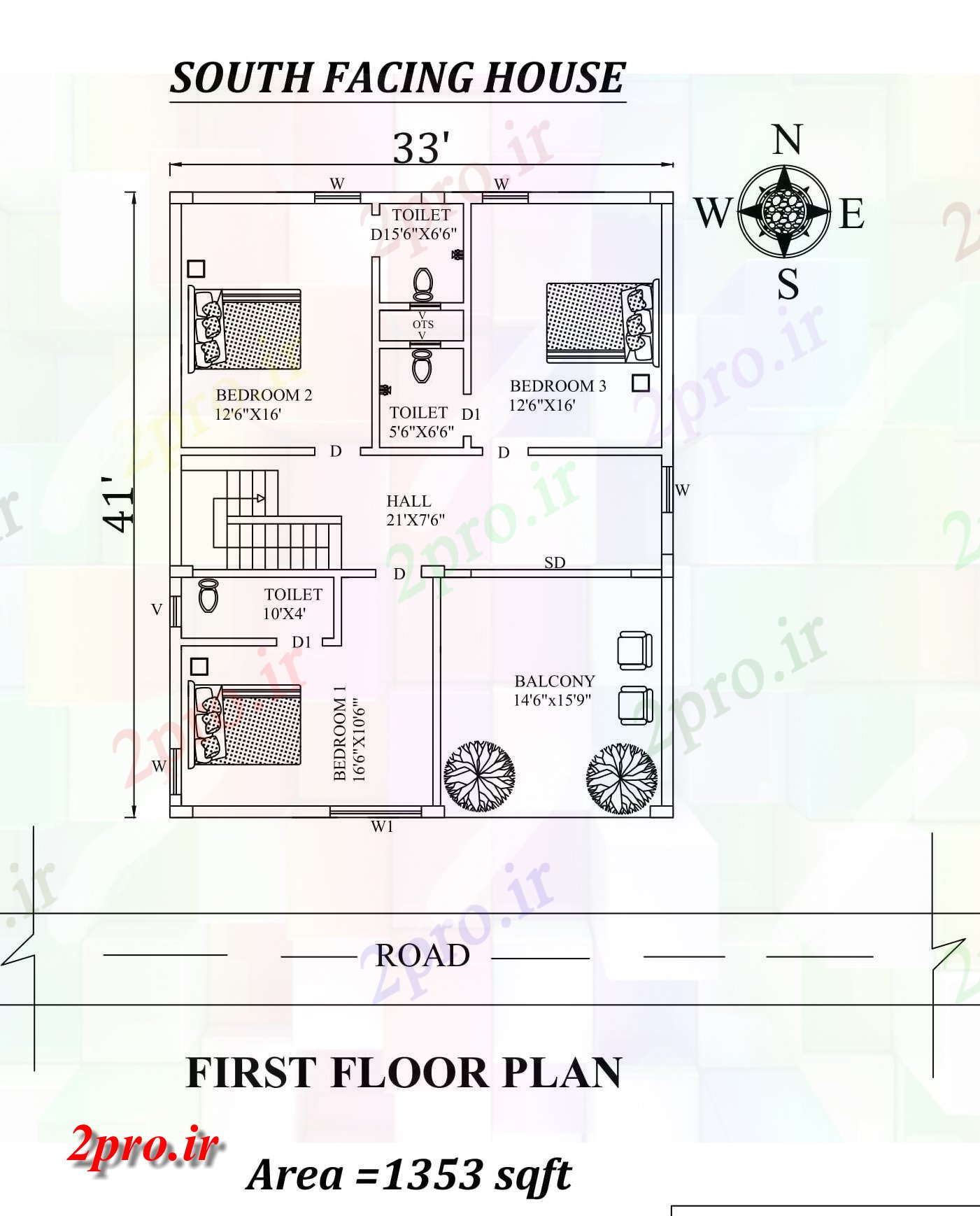 دانلود نقشه مسکونی ، ویلایی ، آپارتمان X41، 3bhk جنوبی مواجه طبقه اول خانه طرحی به عنوان در هر Vastu را Shastra و جزئیات پی دی اف 8 در 12 متر (کد157625)