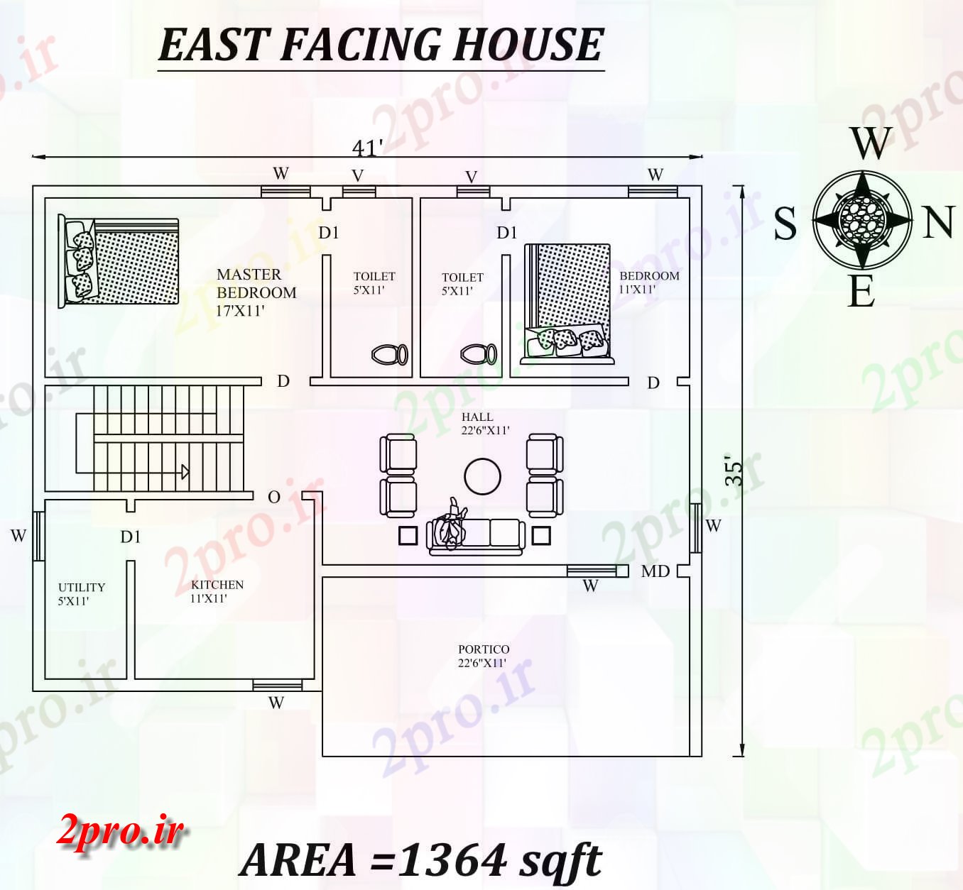 دانلود نقشه مسکونی ، ویلایی ، آپارتمان X35، 2bhk فوق العاده مبله شرق مواجه خانه طرحی به عنوان در هر Vastu را Shastra و جزئیات پی دی اف 9 در 12 متر (کد157629)