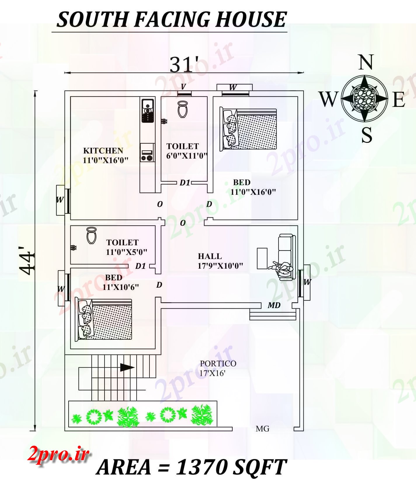 دانلود نقشه مسکونی ، ویلایی ، آپارتمان x44، جنوبی عالی 2bhk مواجه خانه طرحی به عنوان در هر Vastu را Shastra و جزئیات پی دی اف 9 در 10 متر (کد157632)