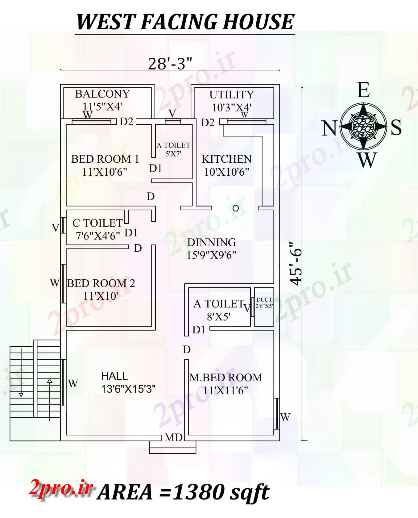 دانلود نقشه مسکونی ، ویلایی ، آپارتمان 3 X 45'6 3bhk زیبا غرب مواجه خانه طرحی به عنوان در هر Vastu Shastra هستند اتوکد و جزئیات پی دی اف 8 در 13 متر (کد157637)