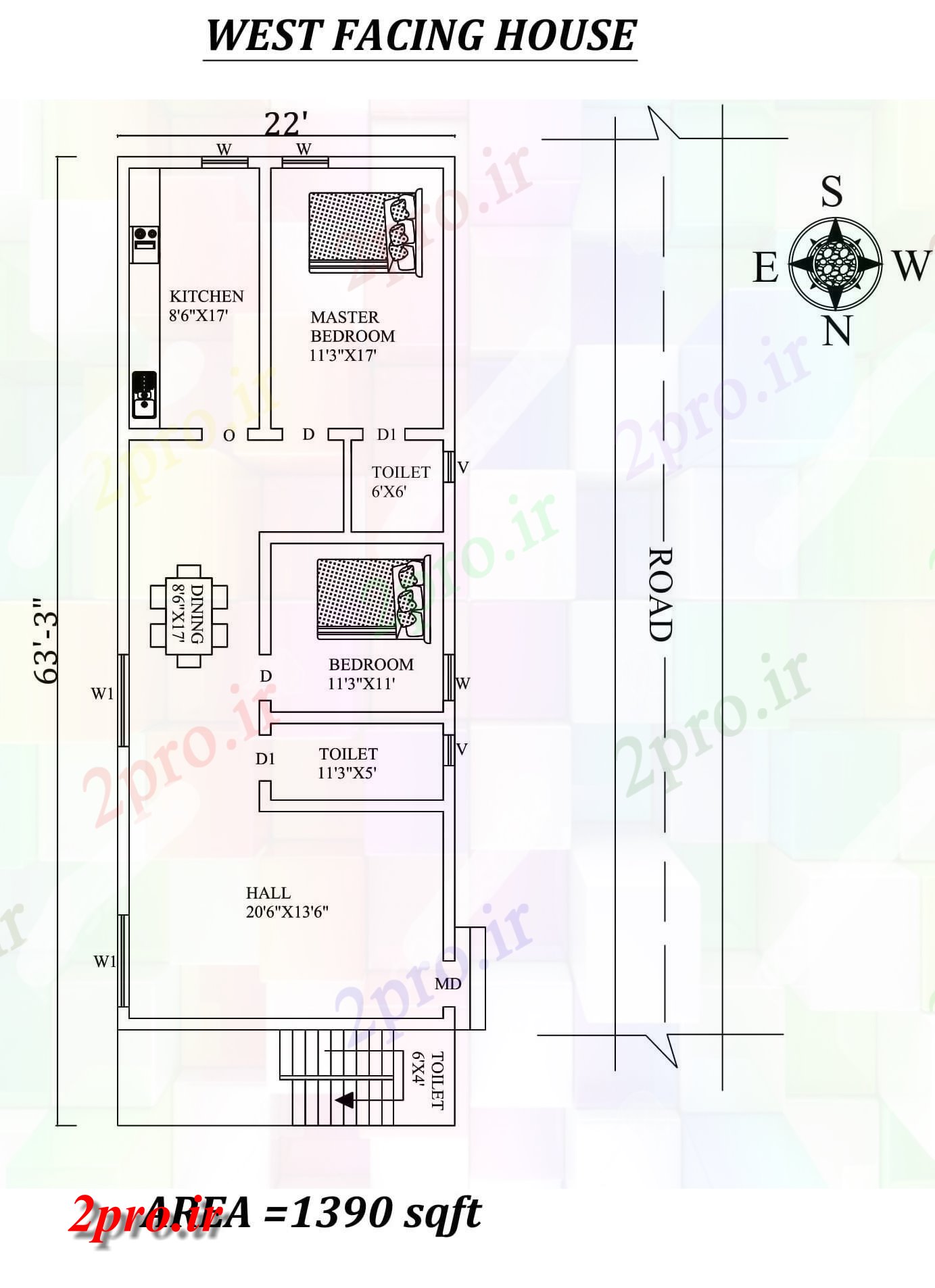 دانلود نقشه مسکونی ، ویلایی ، آپارتمان X63'3 2bhk شگفت غرب مواجه خانه طرحی به عنوان در هر Vastu را Shastra و جزئیات پی دی اف 6 در 16 متر (کد157638)