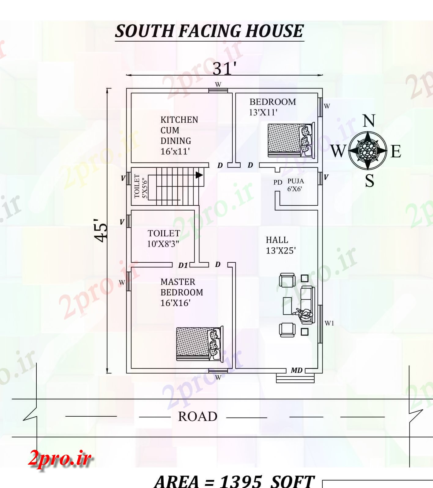 دانلود نقشه مسکونی ، ویلایی ، آپارتمان X45، 2bhk شگفت انگیز جنوبی، رو طرحی مجلس طرحی به عنوان پستها در طول Vastu را Shastra و جزئیات پی دی اف 9 در 13 متر (کد157643)