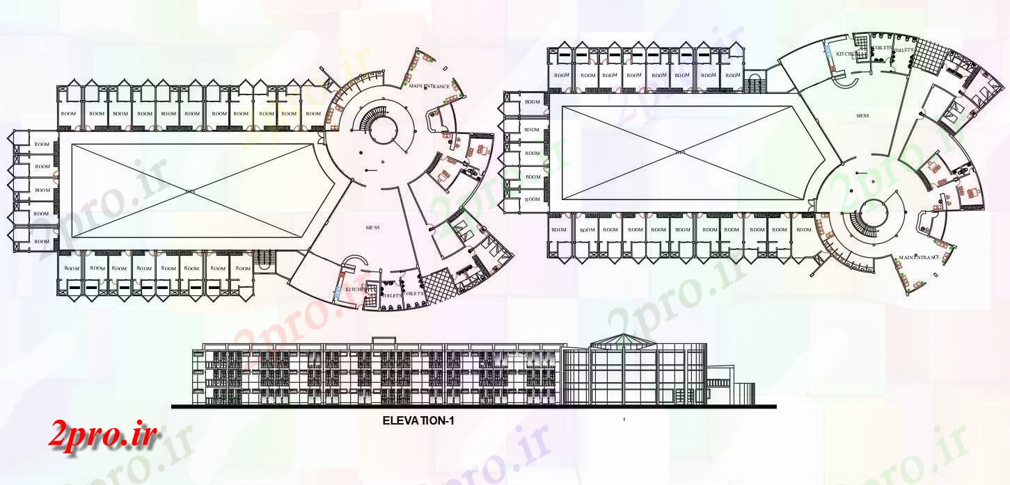 دانلود نقشه هتل - رستوران - اقامتگاه معماری پروژه هتل نشیمن 45 در 88 متر (کد157645)