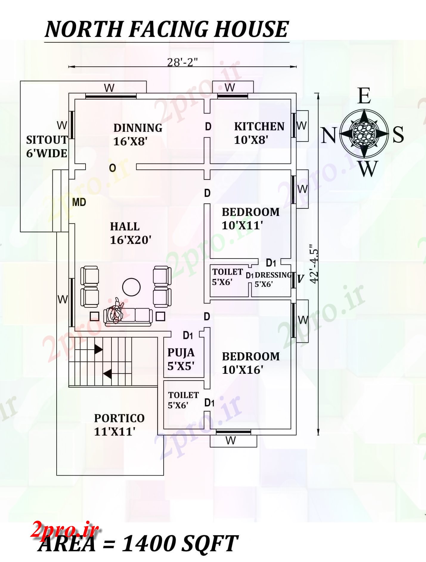 دانلود نقشه مسکونی ، ویلایی ، آپارتمان X42'5 شگفت انگیز شمالی طرحی خانه 2bhk به عنوان در هر Vastu Shastra هستند اتوکد و جزئیات پی دی اف 8 در 12 متر (کد157648)