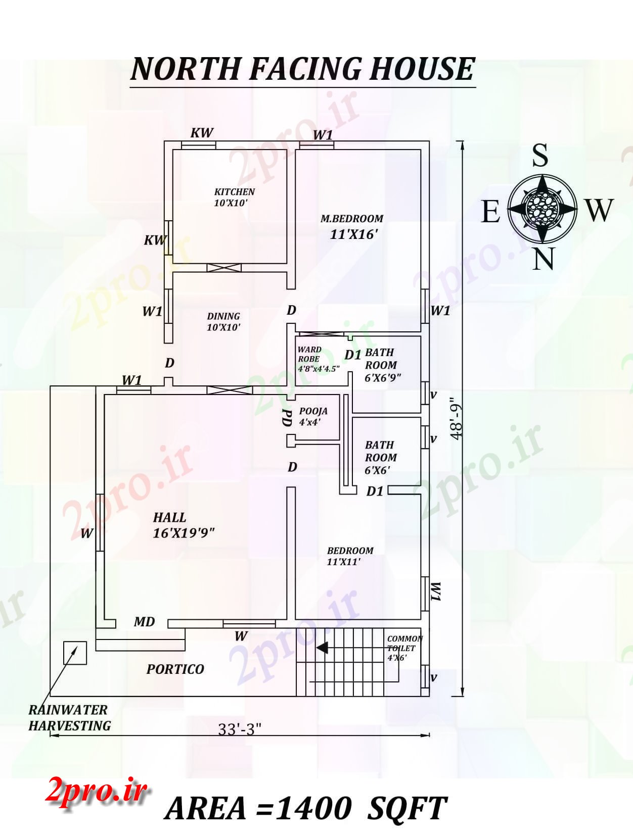 دانلود نقشه مسکونی ، ویلایی ، آپارتمان 3 X48'9 شگفت انگیز شمالی طرحی خانه 2bhk به عنوان در هر Vastu را Shastra و جزئیات پی دی اف 8 در 12 متر (کد157650)