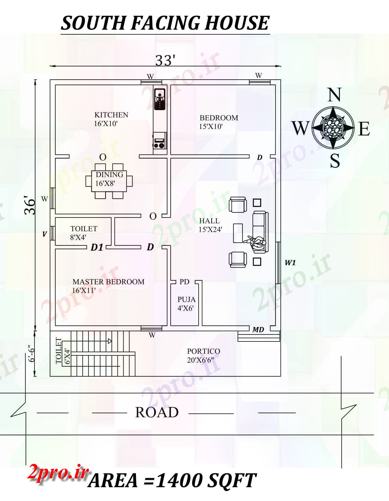 دانلود نقشه مسکونی ، ویلایی ، آپارتمان X36، 2bhk عالی جنوبی مواجه خانه طرحی به عنوان در هر Vastu Shastra هستند اتوکد و جزئیات پی دی اف 9 در 10 متر (کد157654)