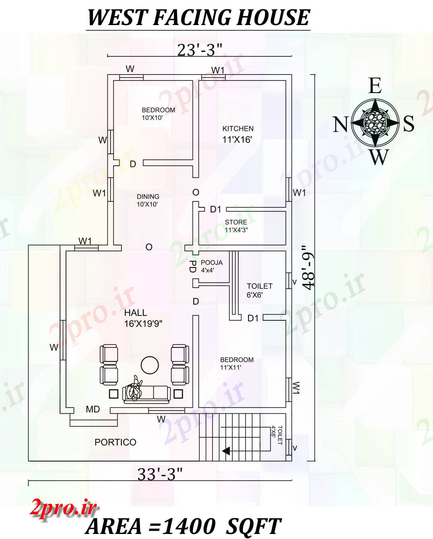 دانلود نقشه مسکونی ، ویلایی ، آپارتمان X33، 2bhk شگفت غرب مواجه خانه طرحی به عنوان در هر VastuShastra اتوکد و جزئیات پی دی اف 8 در 12 متر (کد157656)