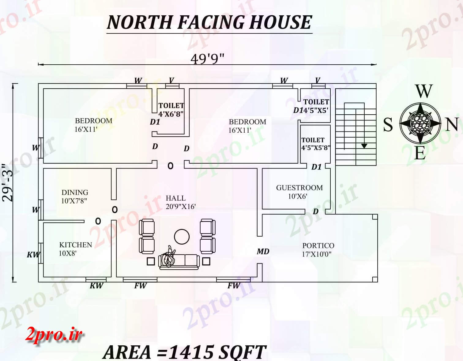 دانلود نقشه مسکونی ، ویلایی ، آپارتمان 9 X29'3 3BHK شمالی خانه طرحی به عنوان در هر Vasthu شرا اتوکد و جزئیات پی دی اف 8 در 14 متر (کد157657)