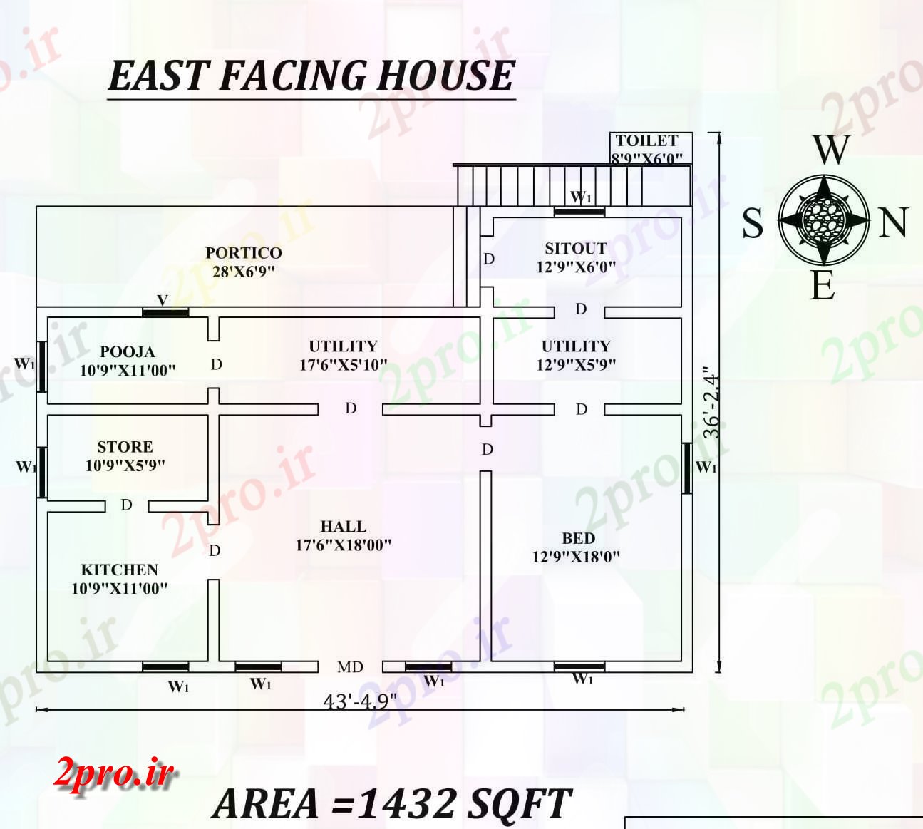 دانلود نقشه مسکونی ، ویلایی ، آپارتمان 5 تنها BHK شرق ضریب X36 تنظیم، مواجه خانه طرحی به عنوان در هر Vastu را Shastra و جزئیات پی دی اف 9 در 13 متر (کد157660)