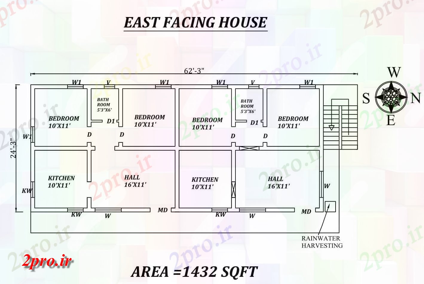 دانلود نقشه مسکونی ، ویلایی ، آپارتمان 3 X24'3 2bhk شرق مواجه دوقلو خانه طرحی به عنوان در هر Vastu Shastra هستند اتوکد و جزئیات پی دی اف 7 در 16 متر (کد157662)