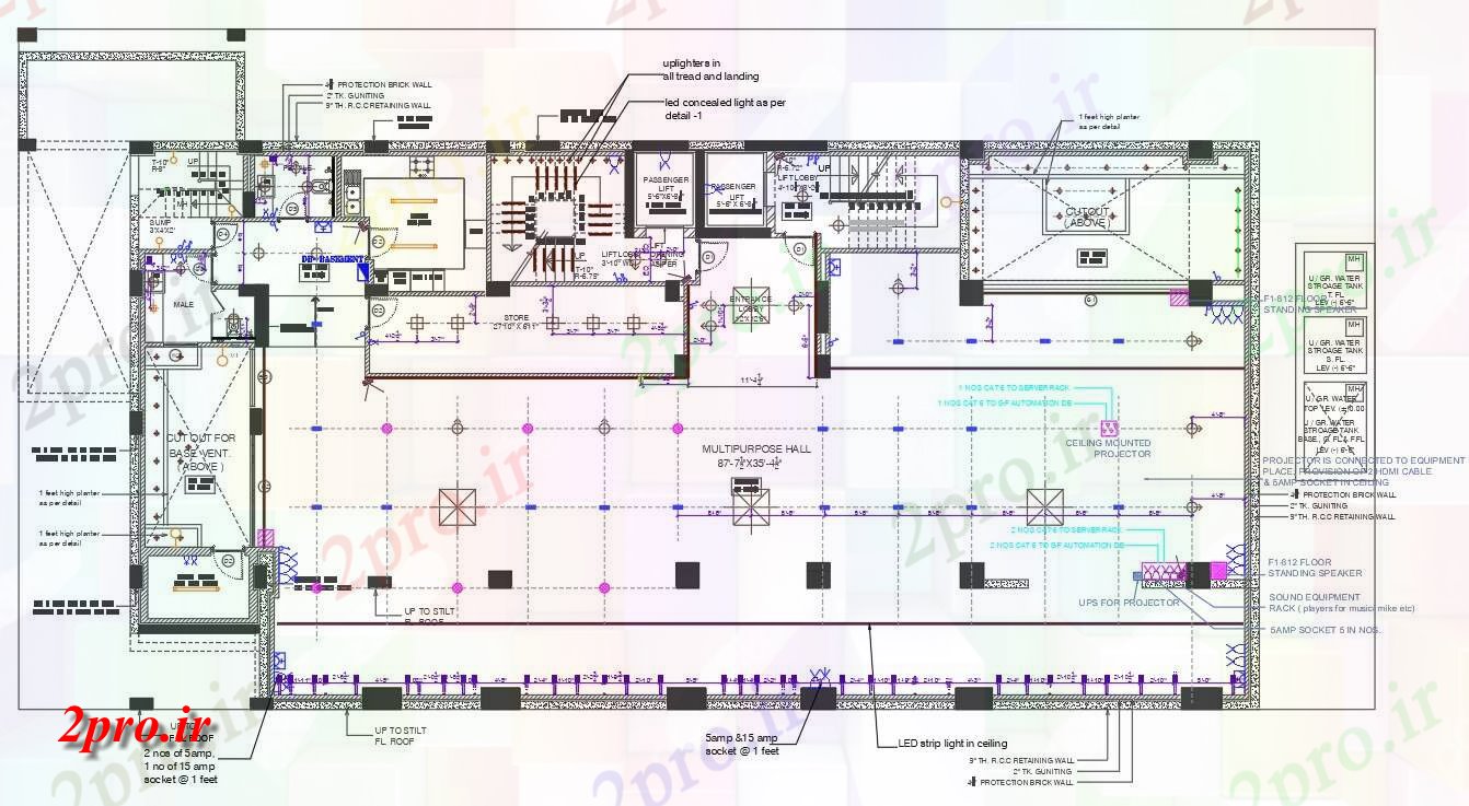 دانلود نقشه تئاتر چند منظوره - سینما - سالن کنفرانس - سالن همایشچند منظوره سالن طرحی طبقه 14 در 29 متر (کد157663)
