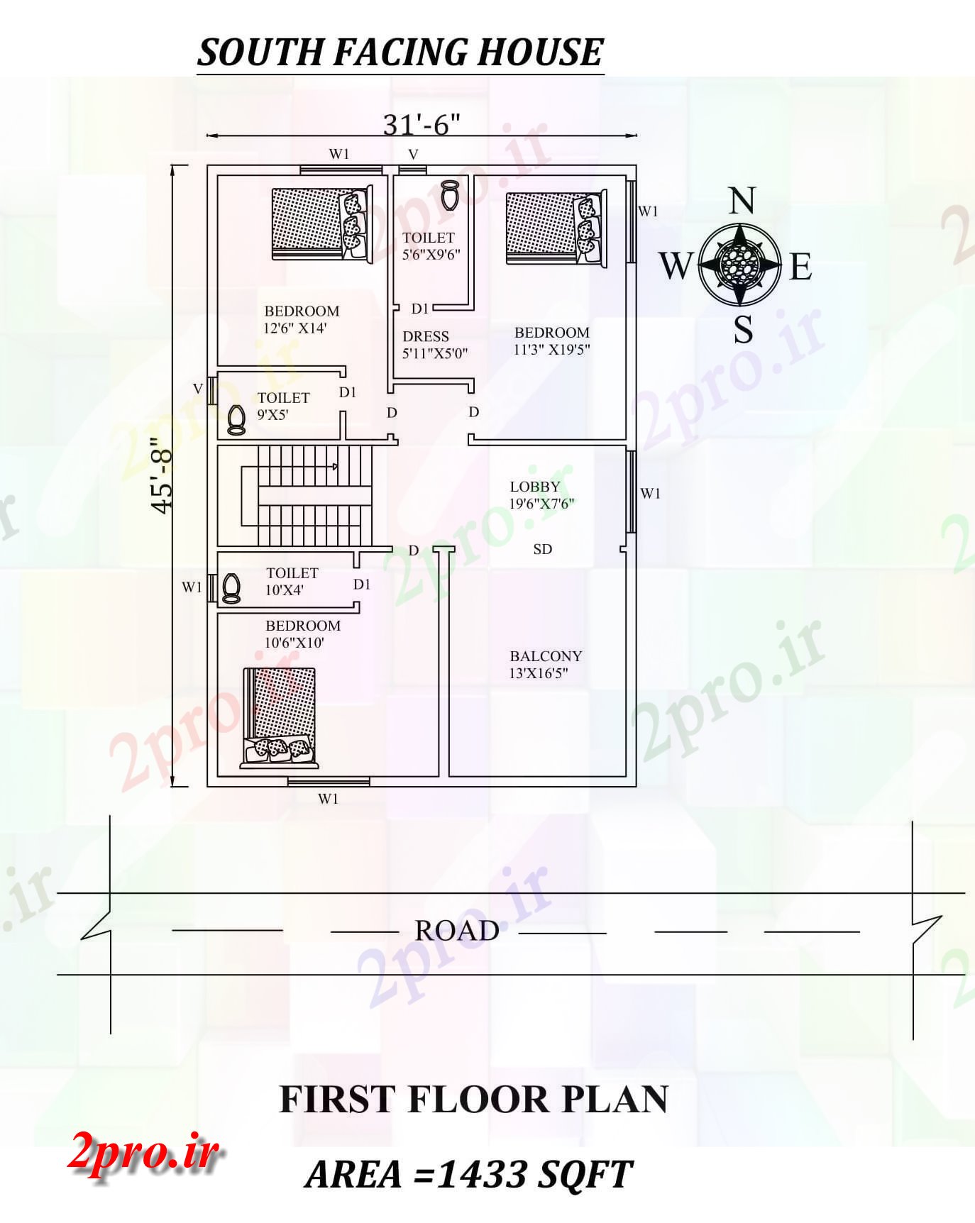 دانلود نقشه مسکونی ، ویلایی ، آپارتمان 6 X45'8 3bhk جنوبی مواجه طبقه اول خانه طرحی به عنوان در هر Vastu Shastra هستند اتوکد و جزئیات پی دی اف 9 در 13 متر (کد157664)