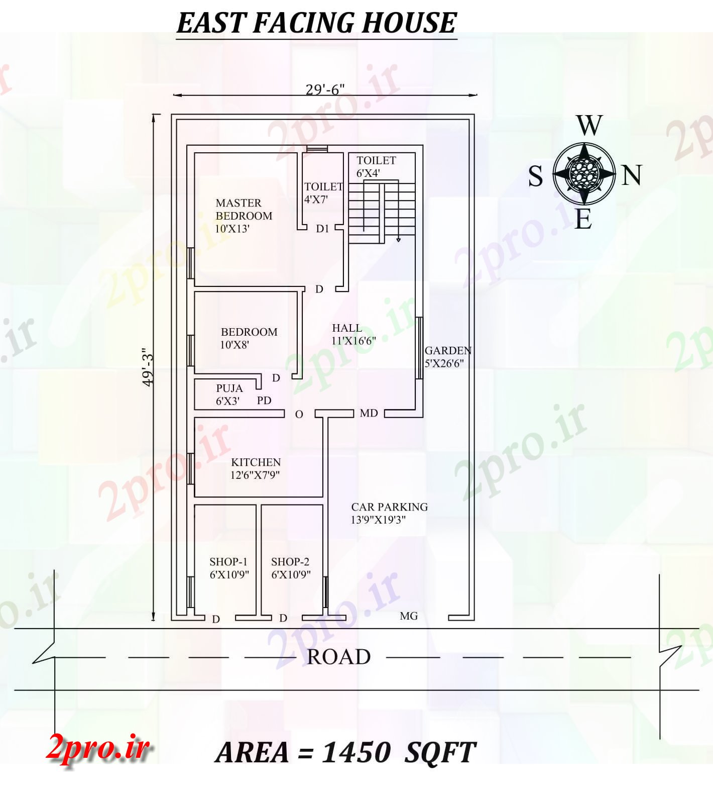 دانلود نقشه مسکونی ، ویلایی ، آپارتمان 6 X49'3 متفاوت، شکوهمند 2bhk شرق مواجه خانه طراحی به عنوان پستها در طول Vastu Shastra هستند با 2 مغازه خارج اتوکد و جزئیات پی دی اف 6 در 13 متر (کد157668)