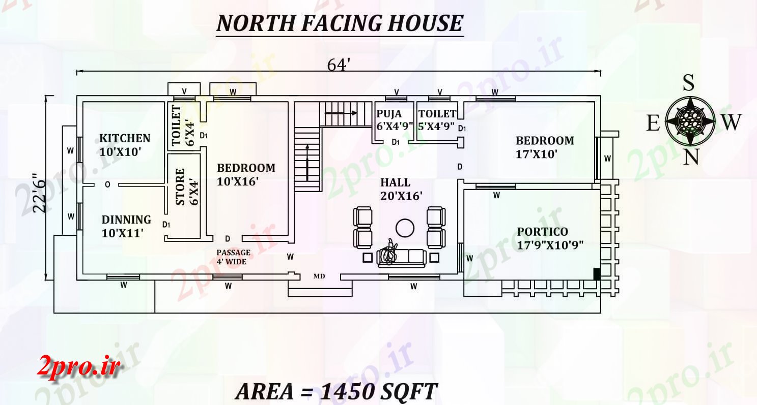 دانلود نقشه مسکونی ، ویلایی ، آپارتمان X22'6 شگفت انگیز شمالی طرحی خانه 2bhk به عنوان در هر Vastu Shastra هستند اتوکد و جزئیات پی دی اف 6 در 18 متر (کد157671)