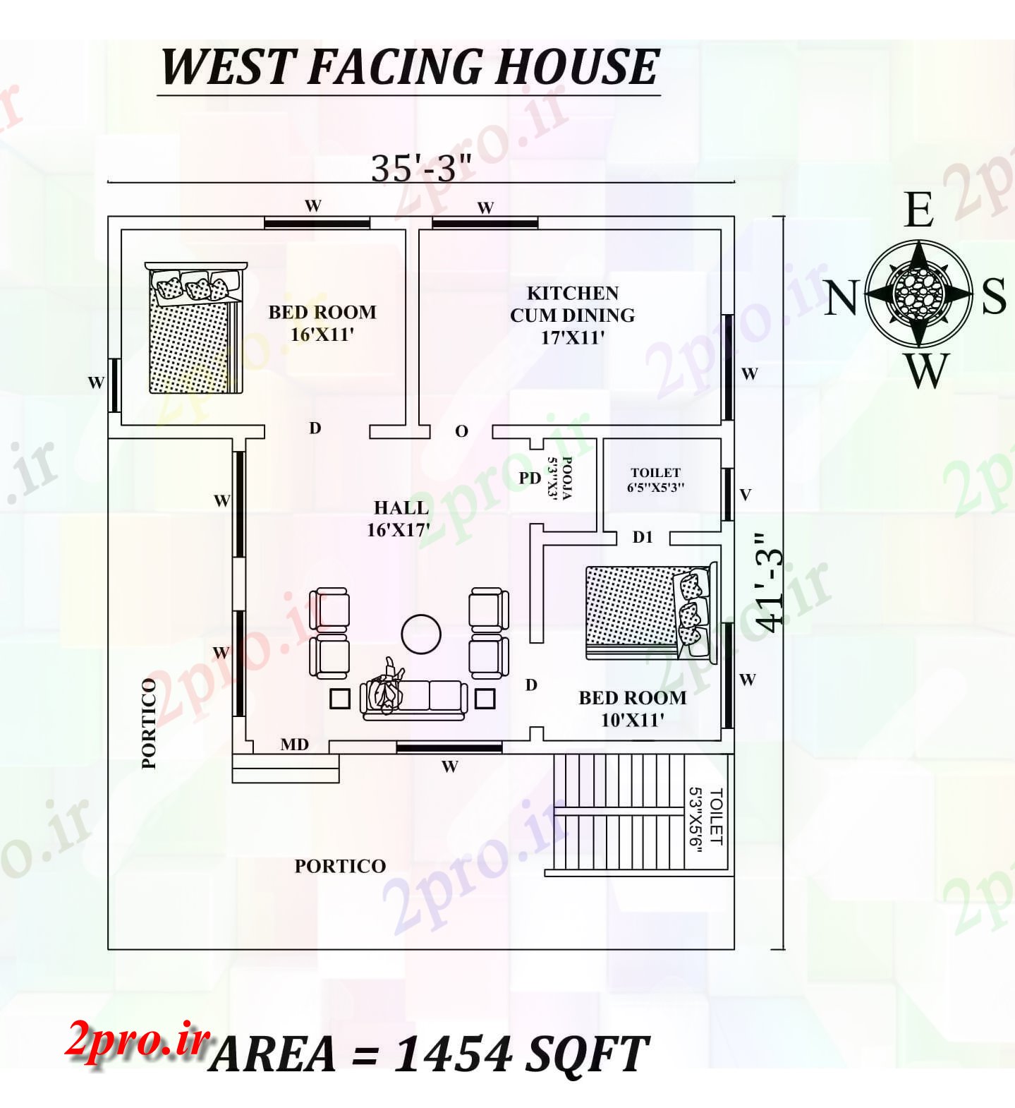 دانلود نقشه مسکونی ، ویلایی ، آپارتمان X41، 2bhk شگفت مبله غرب مواجه خانه طرحی به عنوان در هر Vastu Shastra هستند اتوکد و جزئیات پی دی اف 8 در 10 متر (کد157674)