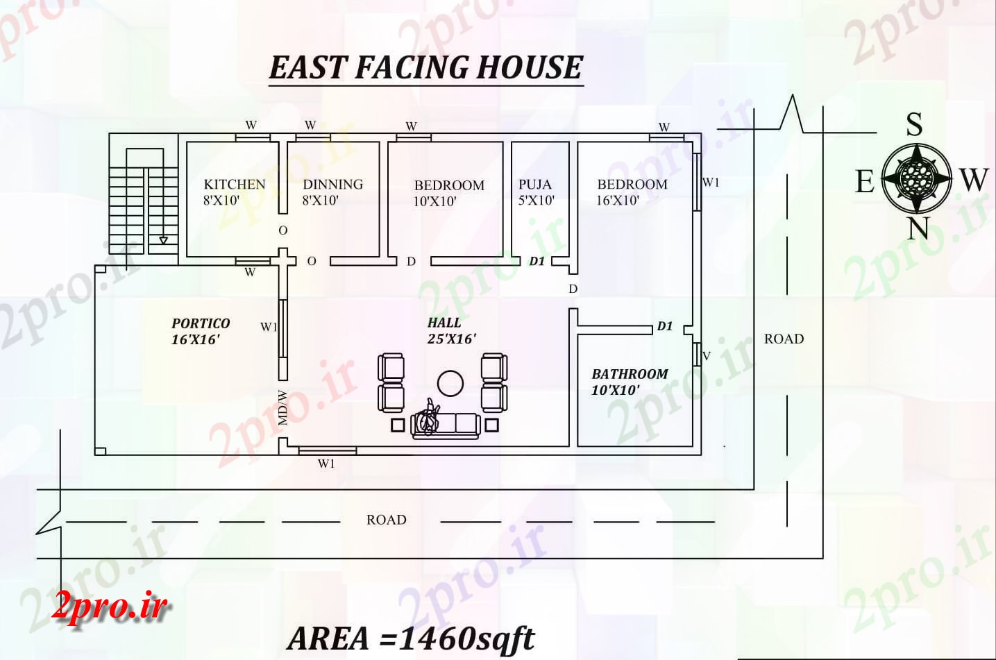 دانلود نقشه مسکونی ، ویلایی ، آپارتمان کامل 2bhk شرق 53'X28، مواجه خانه طرحی به عنوان در هر Vastu را Shastra و جزئیات پی دی اف 8 در 13 متر (کد157675)