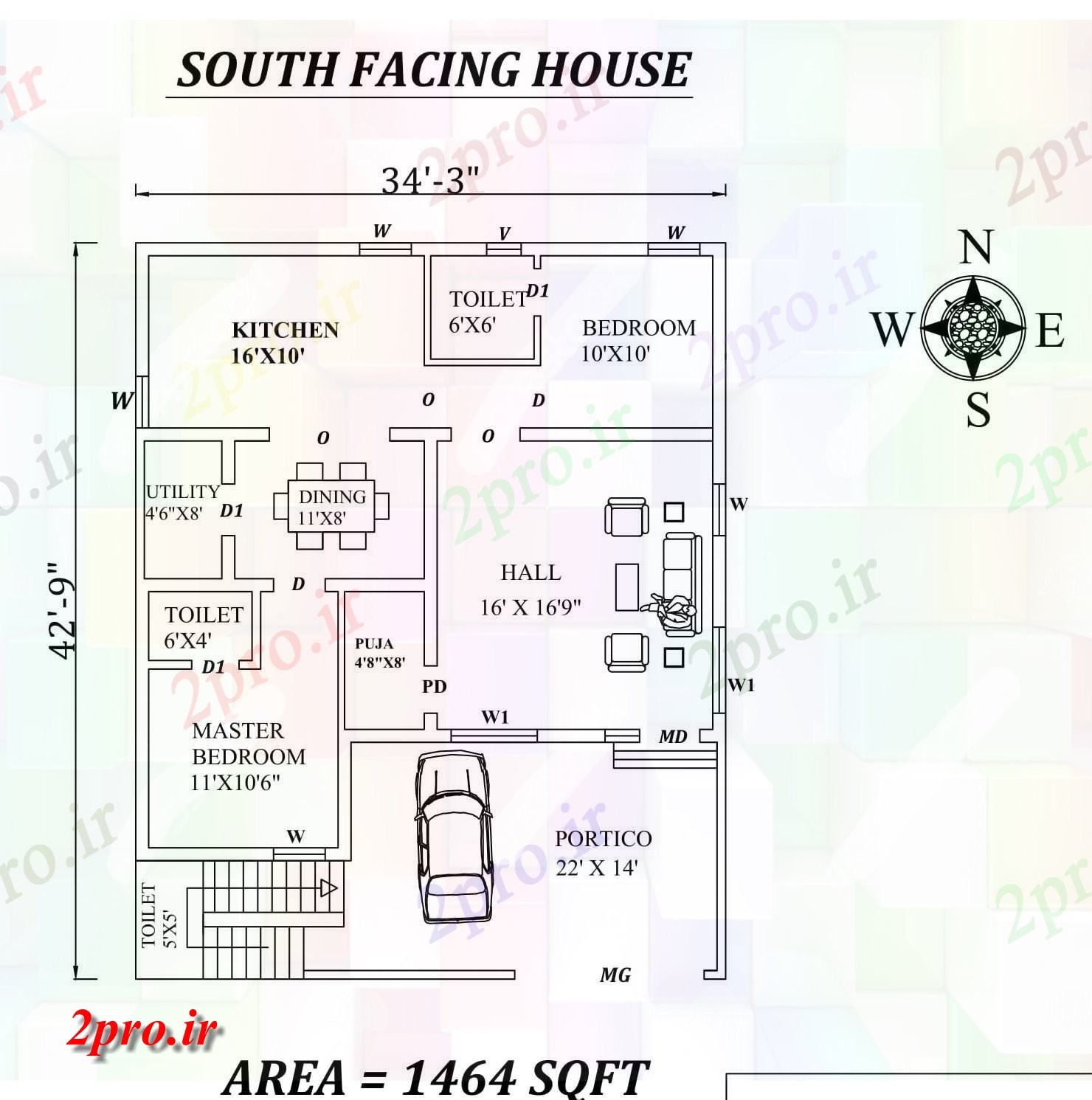 دانلود نقشه مسکونی ، ویلایی ، آپارتمان X42، جنوبی عالی 2bhk مواجه خانه طرحی به عنوان در هر Vastu را Shastra و جزئیات پی دی اف 10 در 10 متر (کد157677)