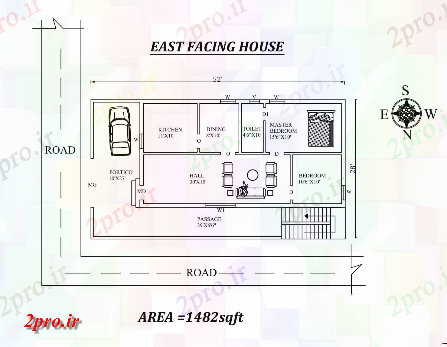 دانلود نقشه مسکونی ، ویلایی ، آپارتمان پر زرق و برق 2bhk شرق 52'X28، مواجه خانه طراحی به عنوان پستها در طول Vastu Shastra هستند اتوکد و جزئیات پی دی اف 6 در 12 متر (کد157682)