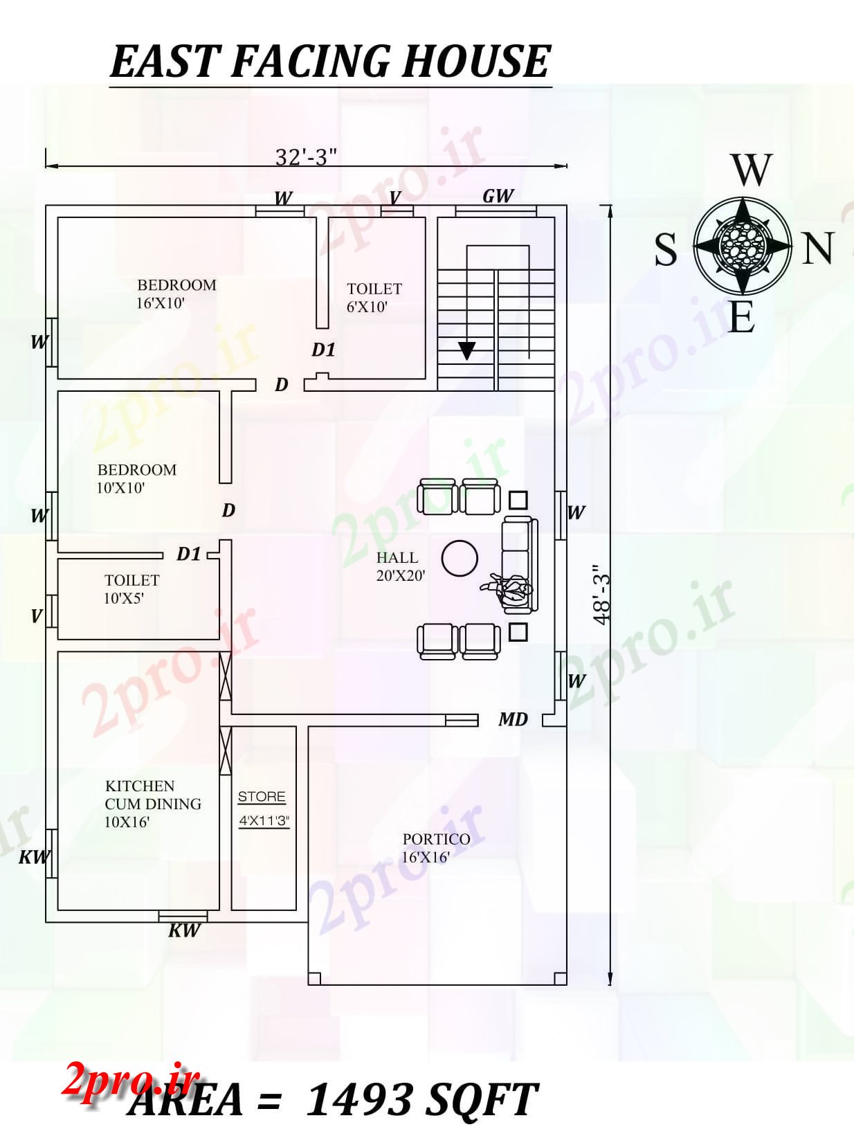 دانلود نقشه مسکونی ، ویلایی ، آپارتمان 3 X48'3 کامل 2bhk شرق مواجه خانه طراحی به عنوان پستها در طول Vastu را Shastra و جزئیات پی دی اف 9 در 13 متر (کد157685)