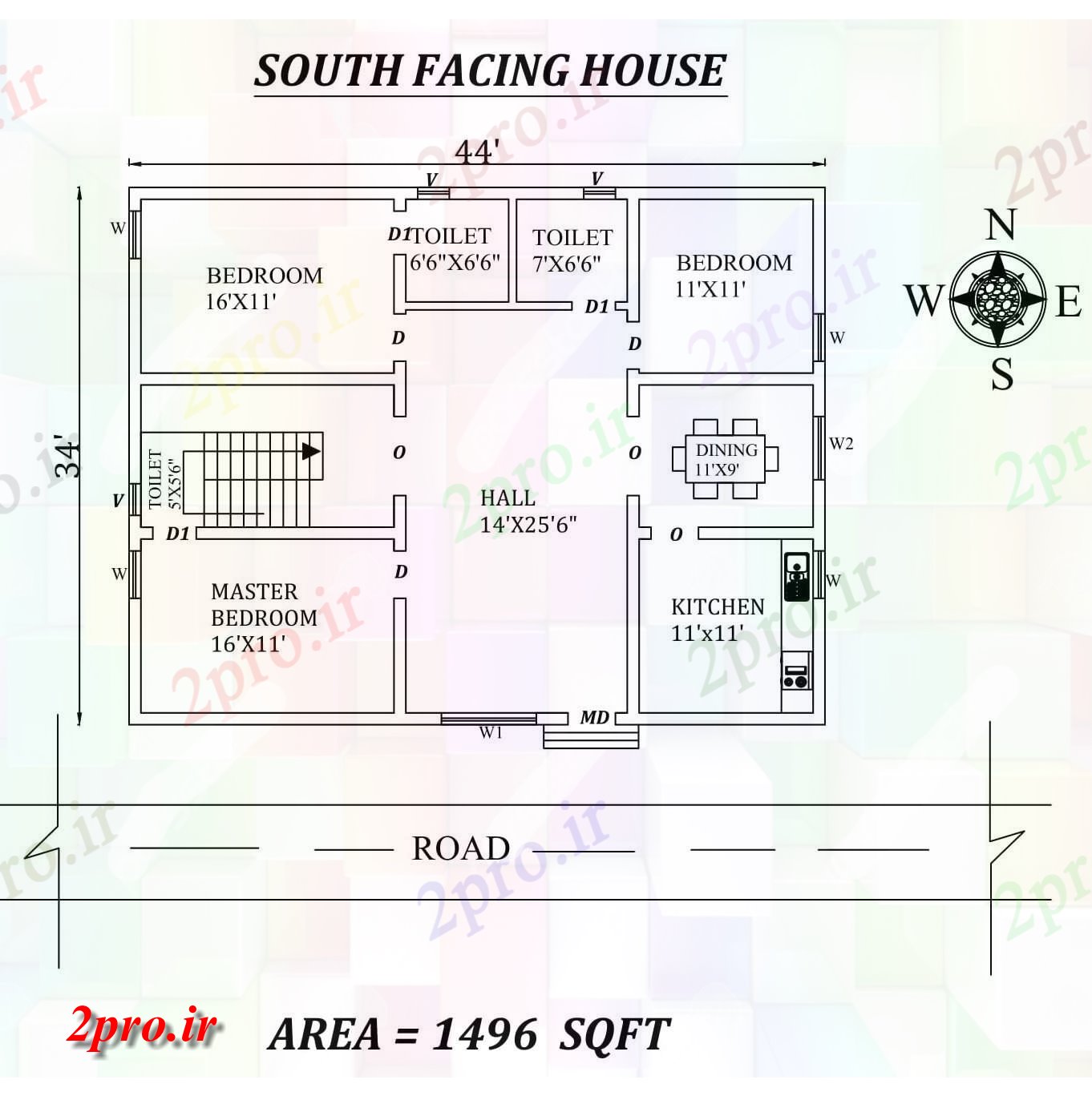 دانلود نقشه مسکونی ، ویلایی ، آپارتمان X34، 3bhk جنوبی مواجه خانه طرحی به عنوان در هر Vastu را Shastra و جزئیات پی دی اف 10 در 12 متر (کد157687)