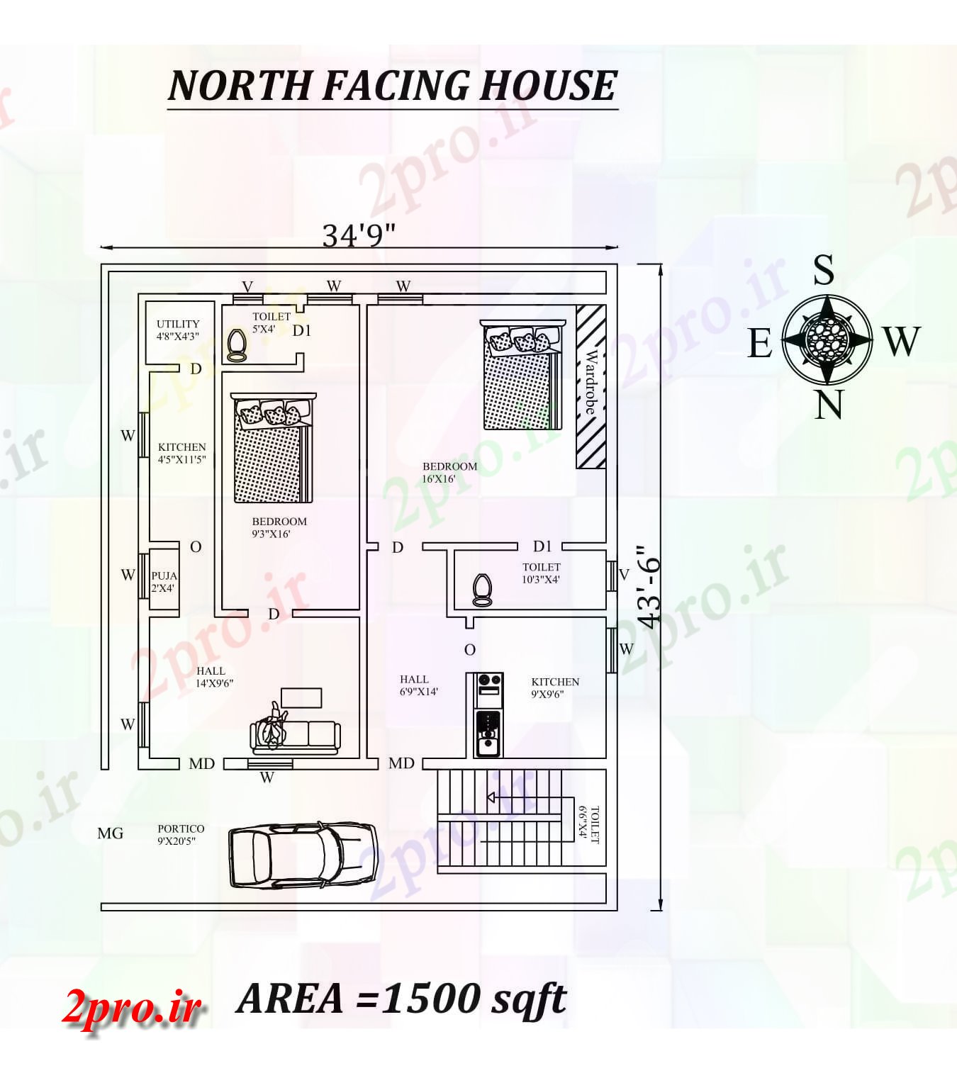 دانلود نقشه مسکونی ، ویلایی ، آپارتمان 9 X 43'6 تنها BHK شمالی دوقلو خانه طرحی به عنوان در هر Vastu را Shastra و پی دی اف جزئیات 9 در 9 متر (کد157689)