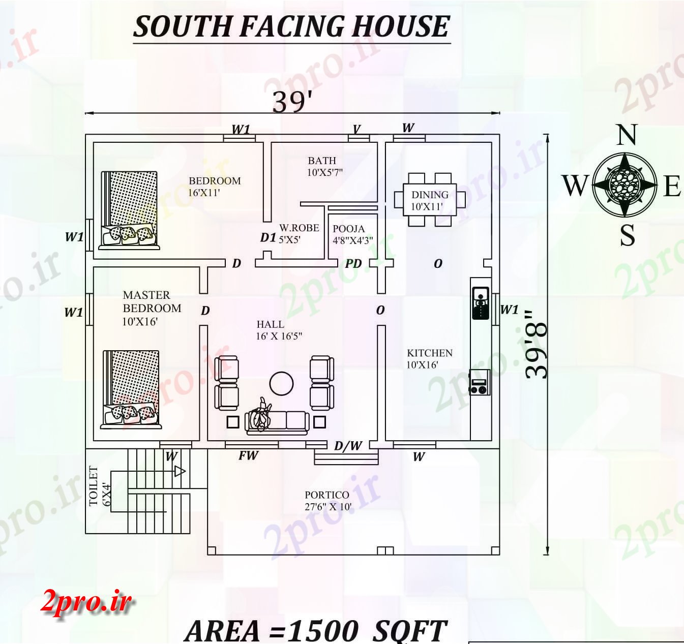 دانلود نقشه مسکونی ، ویلایی ، آپارتمان X39'8 جنوب عالی 2bhk مواجه خانه طرحی به عنوان در هر Vastu Shastra هستند اتوکد و جزئیات پی دی اف 8 در 11 متر (کد157691)