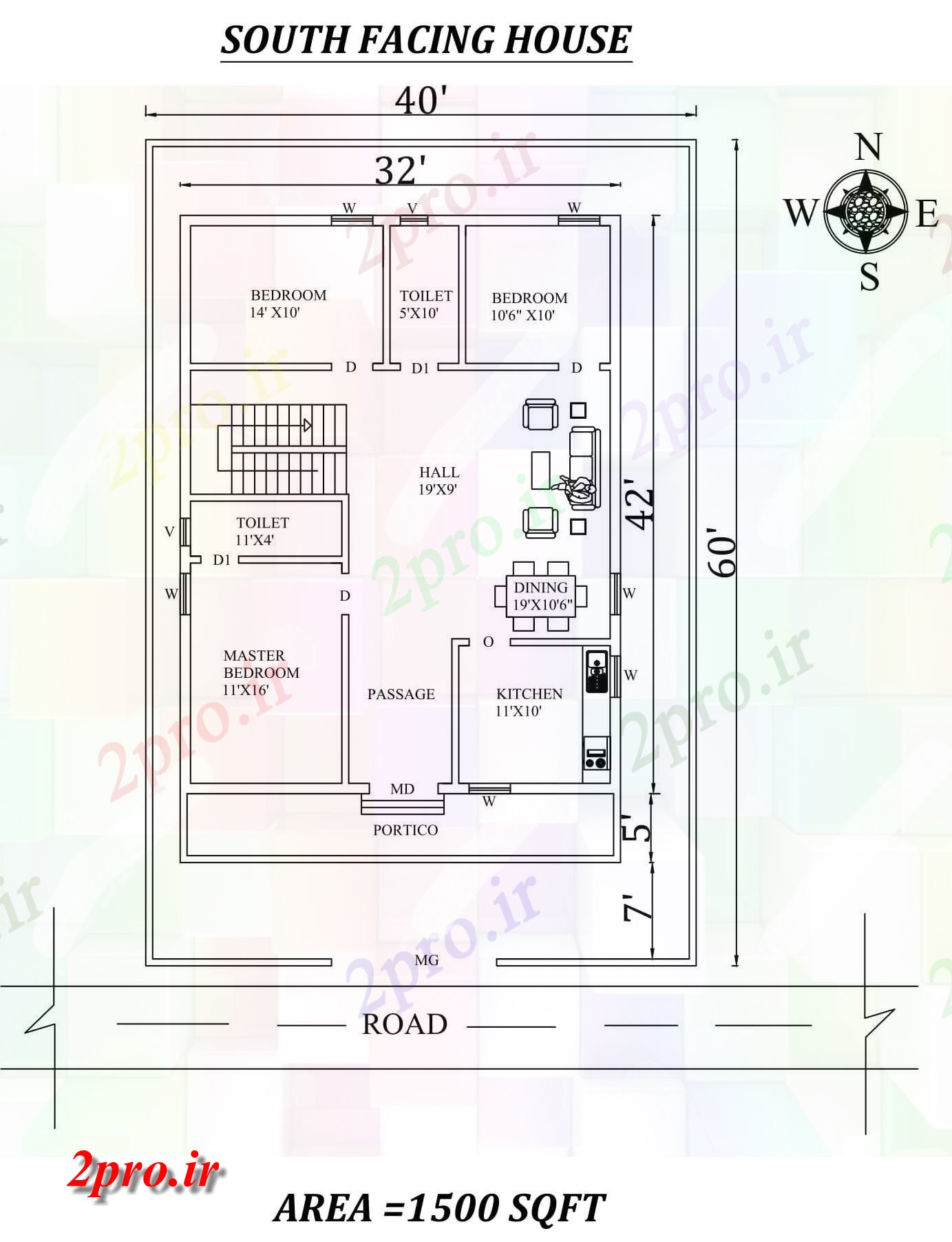 دانلود نقشه مسکونی ، ویلایی ، آپارتمان X60، 3bhk جنوبی مواجه خانه طرحی به عنوان در هر Vastu را Shastra و جزئیات پی دی اف 9 در 12 متر (کد157694)