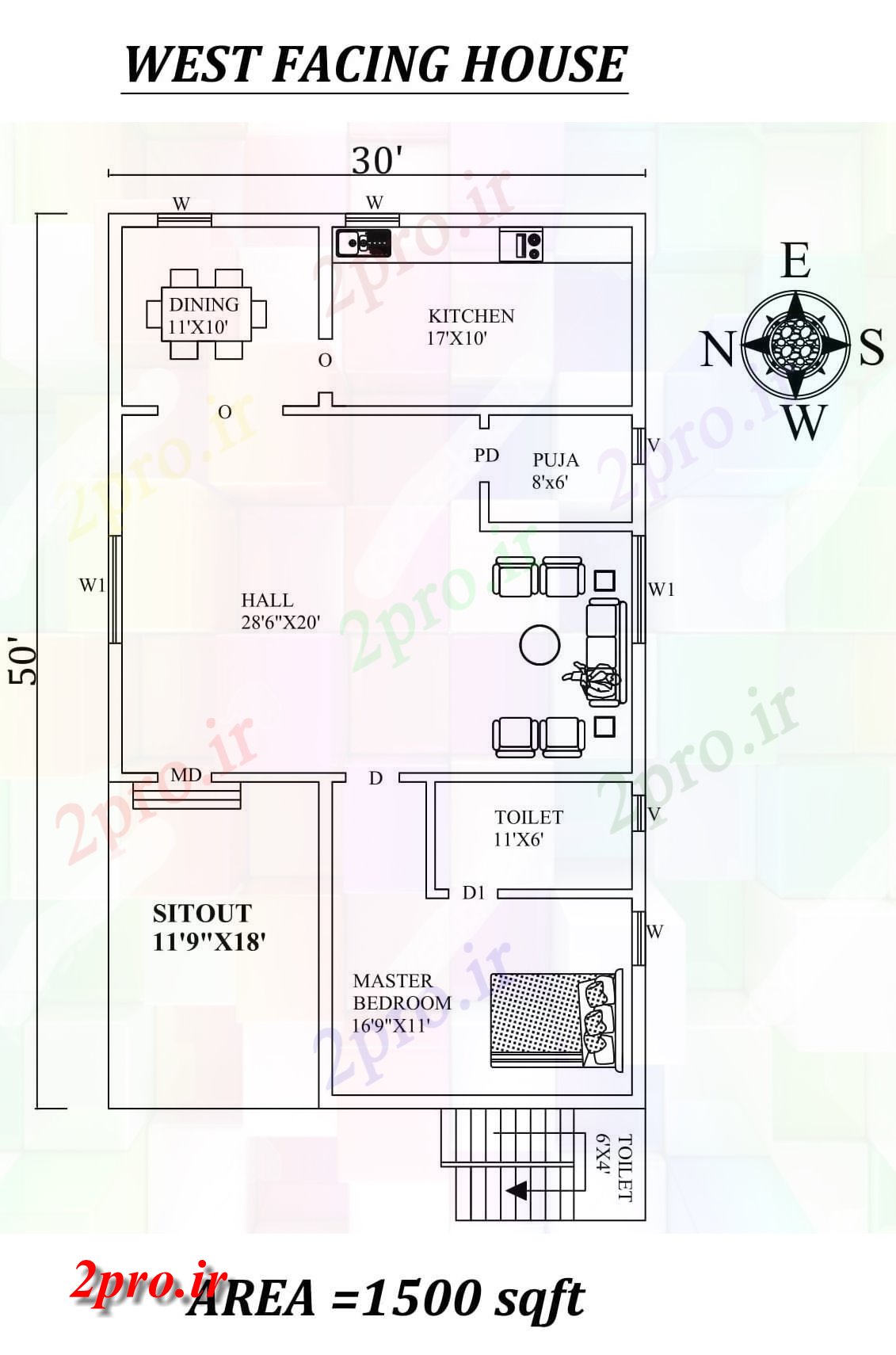 دانلود نقشه مسکونی ، ویلایی ، آپارتمان X50 تک BHK غرب مواجه خانه طرحی به عنوان در هر Vastu را Shastra و جزئیات پی دی اف 8 در 14 متر (کد157696)