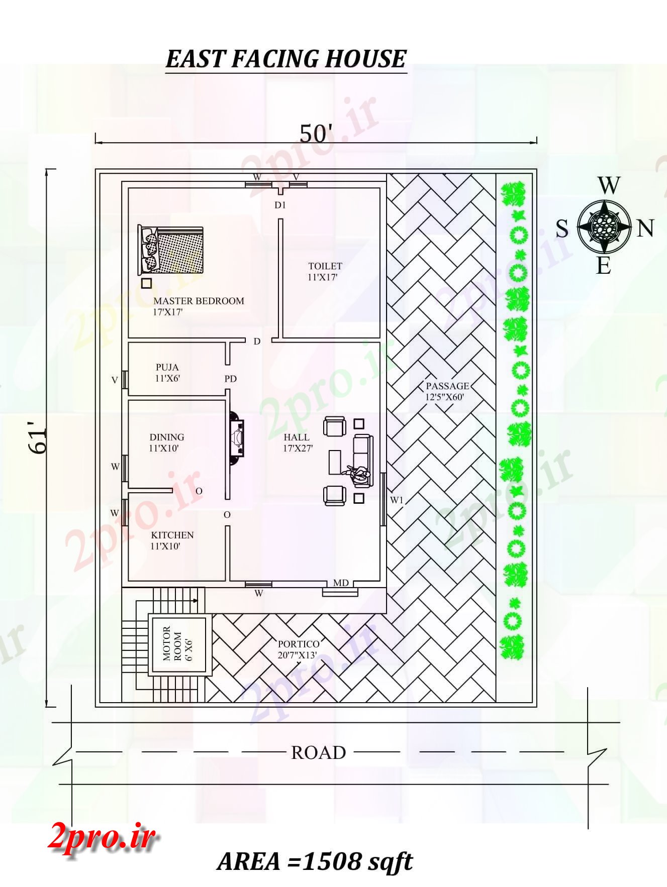 دانلود نقشه مسکونی ، ویلایی ، آپارتمان X61 تک BHK شرق مواجه خانه طرحی به عنوان در هر Vastu را Shastra و جزئیات پی دی اف 8 در 13 متر (کد157698)