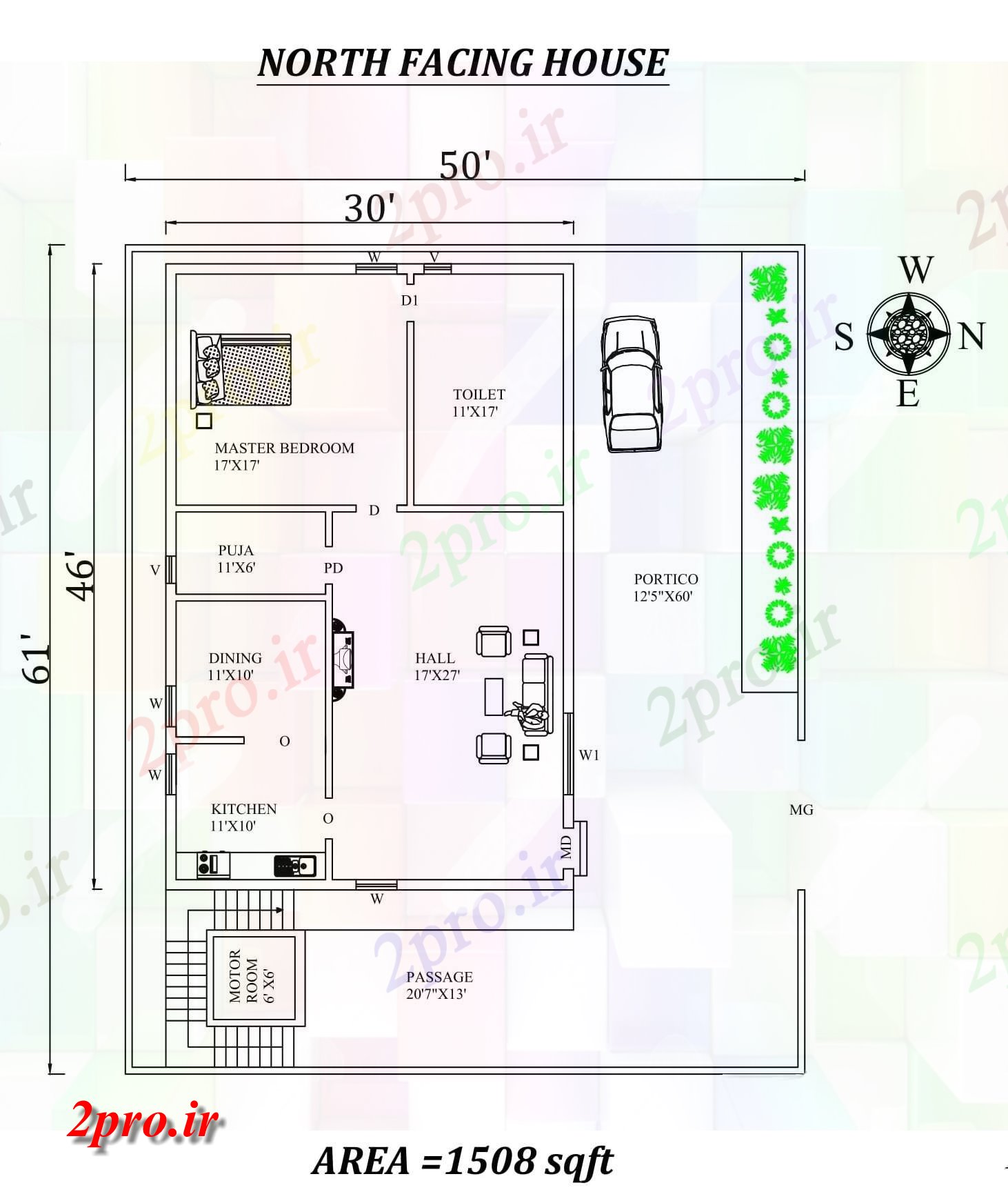 دانلود نقشه مسکونی ، ویلایی ، آپارتمان X61 تک BHK شمالی خانه طرحی به عنوان در هر Vastu را Shastra و جزئیات پی دی اف 8 در 13 متر (کد157700)