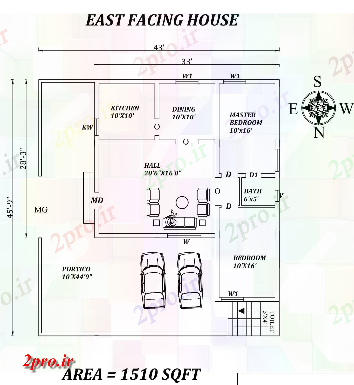 دانلود نقشه مسکونی ، ویلایی ، آپارتمان X45'9 پر زرق و برق 2bhk شرق مواجه خانه طراحی به عنوان پستها در طول Vastu را Shastra و جزئیات پی دی اف 9 در 11 متر (کد157702)