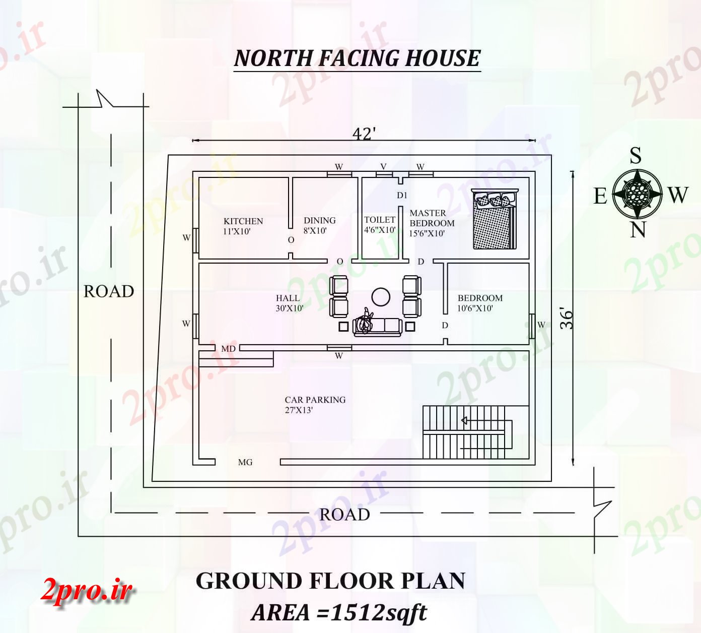 دانلود نقشه مسکونی ، ویلایی ، آپارتمان شگفت انگیز شمالی 42'X36، مواجه 2bhk زمین طرحی خانه طبقه به عنوان در هر Vastu Shastra هستند اتوکد و جزئیات پی دی اف 10 در 12 متر (کد157708)