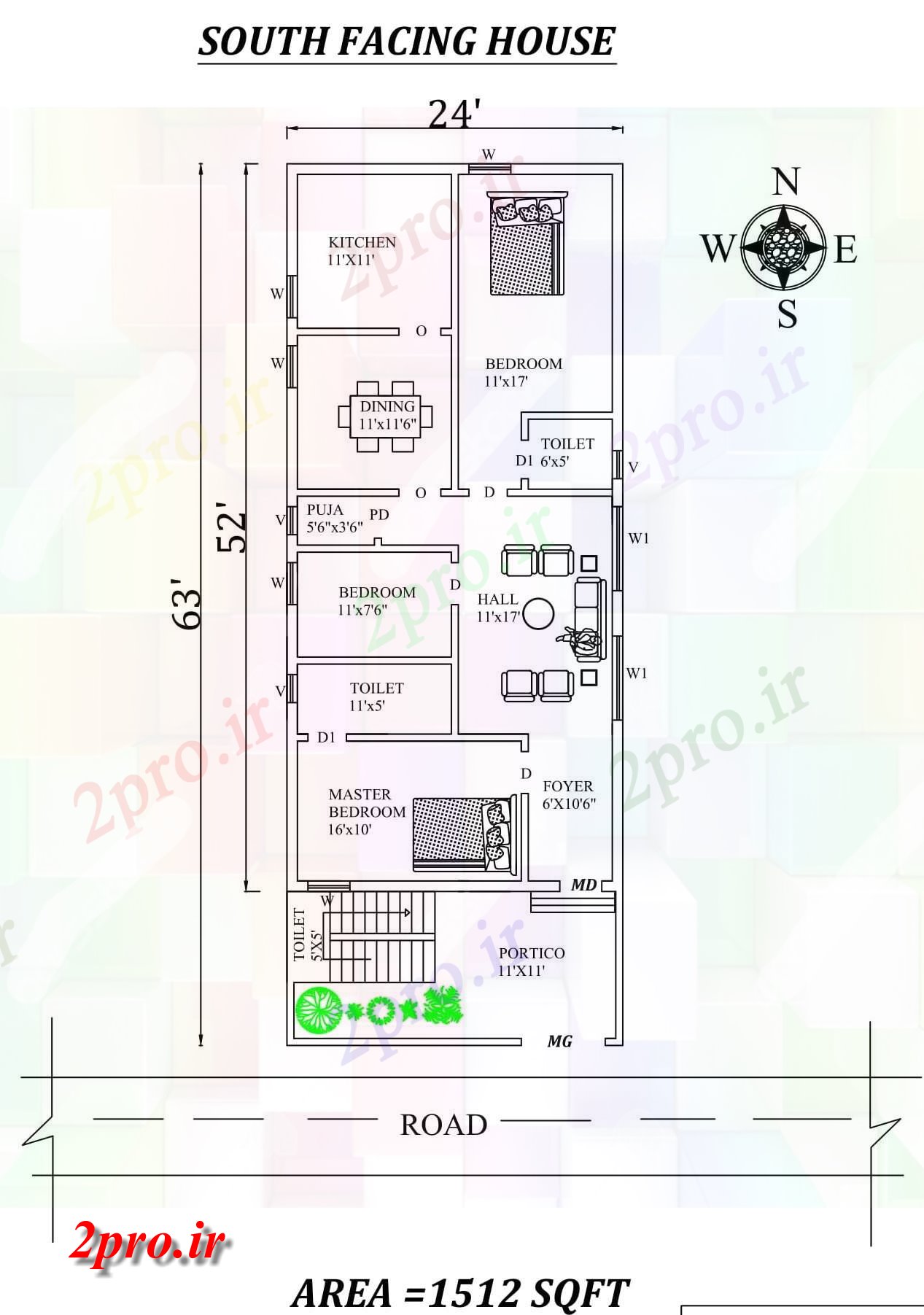 دانلود نقشه مسکونی ، ویلایی ، آپارتمان X63، 3bhk جنوبی مواجه خانه طرحی به عنوان در هر Vastu Shastra هستند، اتوکد و جزئیات پی دی اف 7 در 15 متر (کد157711)