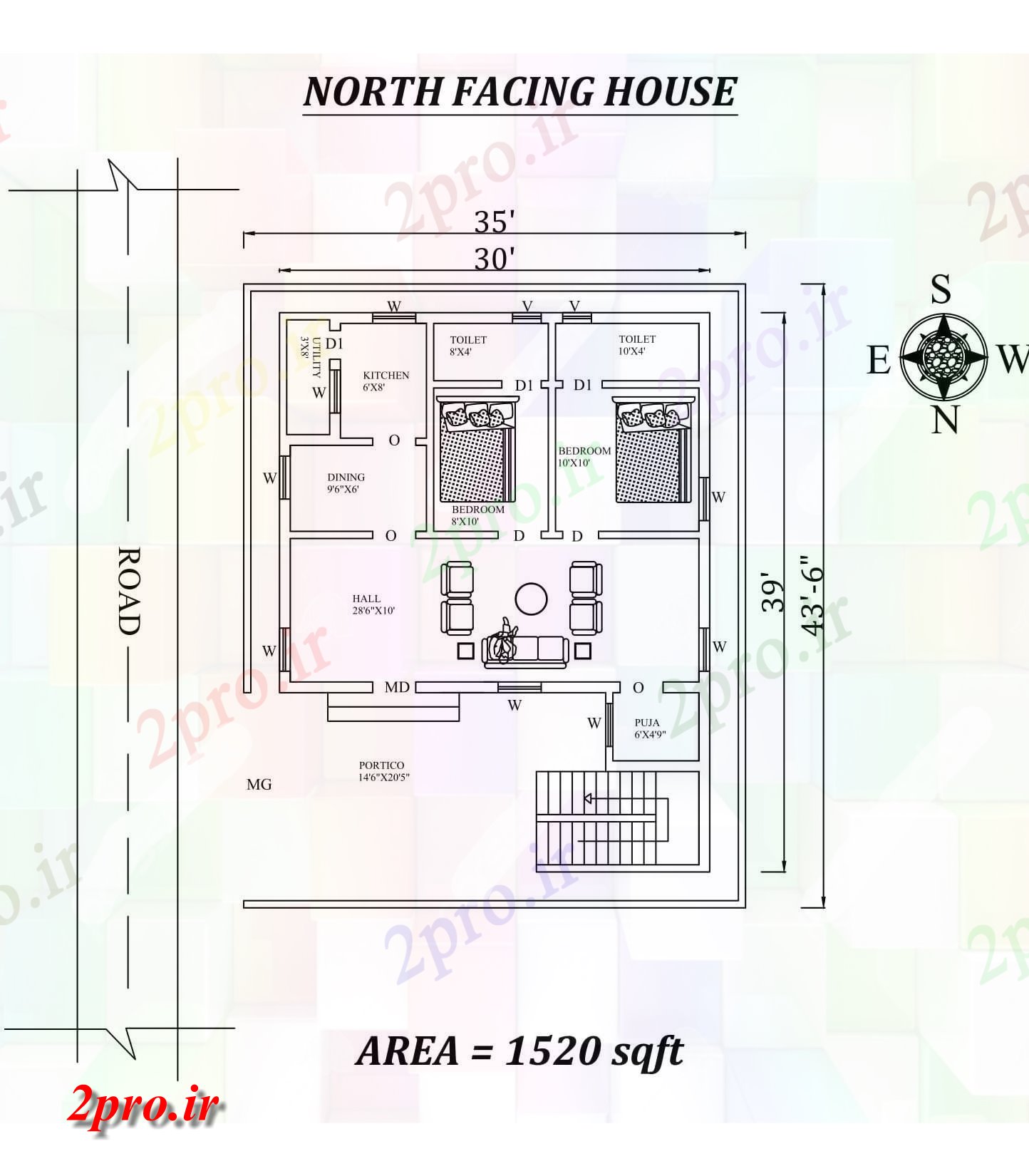 دانلود نقشه مسکونی ، ویلایی ، آپارتمان X39 'شگفت انگیز شمالی طرحی خانه 2bhk به عنوان در هر Vastu Shastra هستند اتوکد و جزئیات پی دی اف 7 در 8 متر (کد157712)