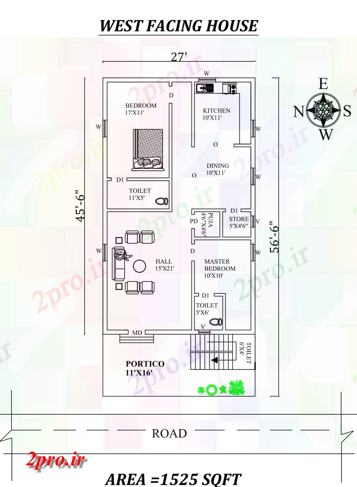 دانلود نقشه مسکونی ، ویلایی ، آپارتمان X56'6 2bhk شگفت غرب مواجه خانه طرحی به عنوان در هر Vastu Shastra هستند 7 در 13 متر (کد157714)