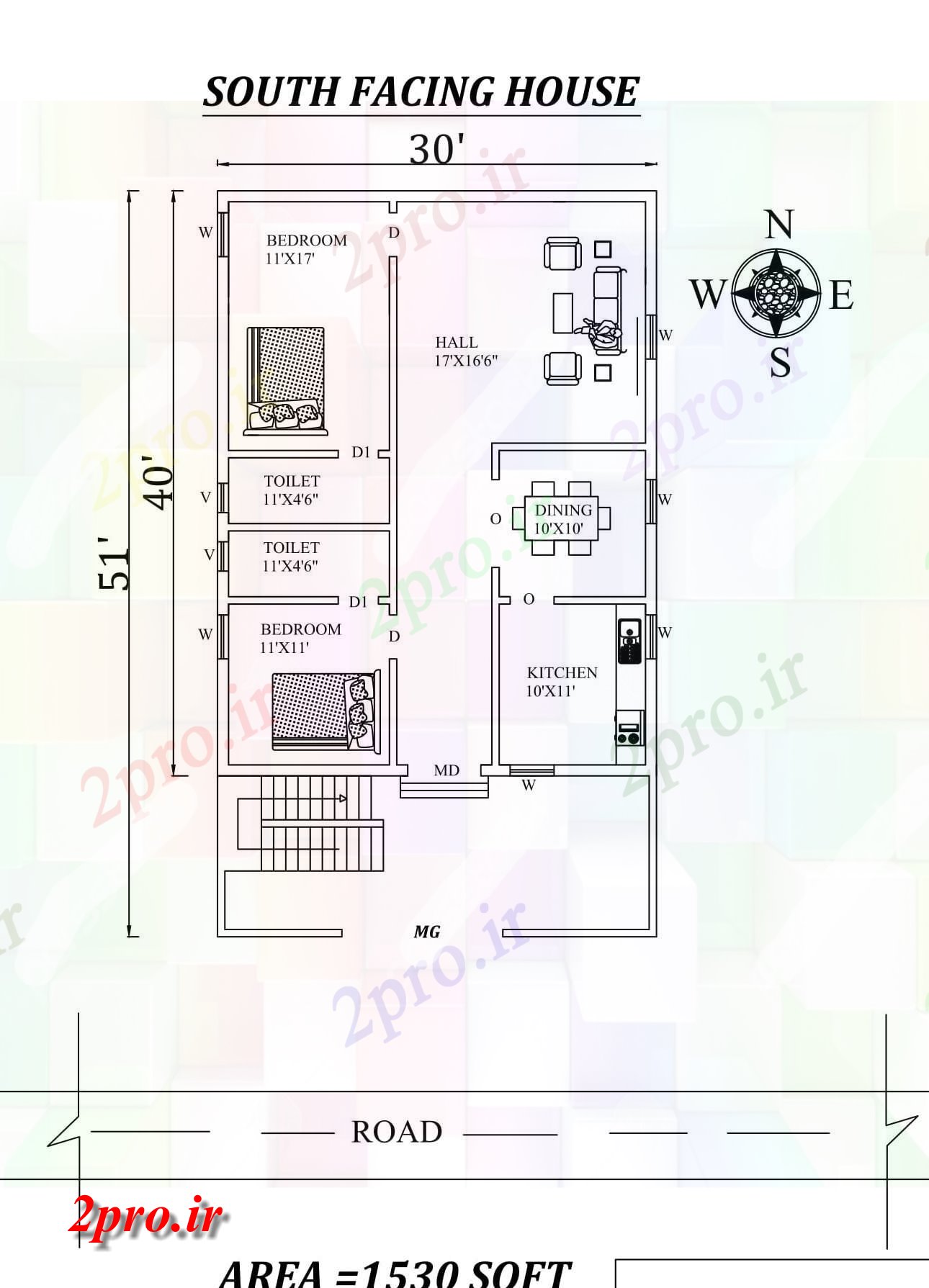 دانلود نقشه مسکونی ، ویلایی ، آپارتمان X 51 '2bhk عالی جنوبی مواجه خانه طرحی به عنوان در هر Vastu Shastra هستند اتوکد و جزئیات پی دی اف 8 در 11 متر (کد157715)