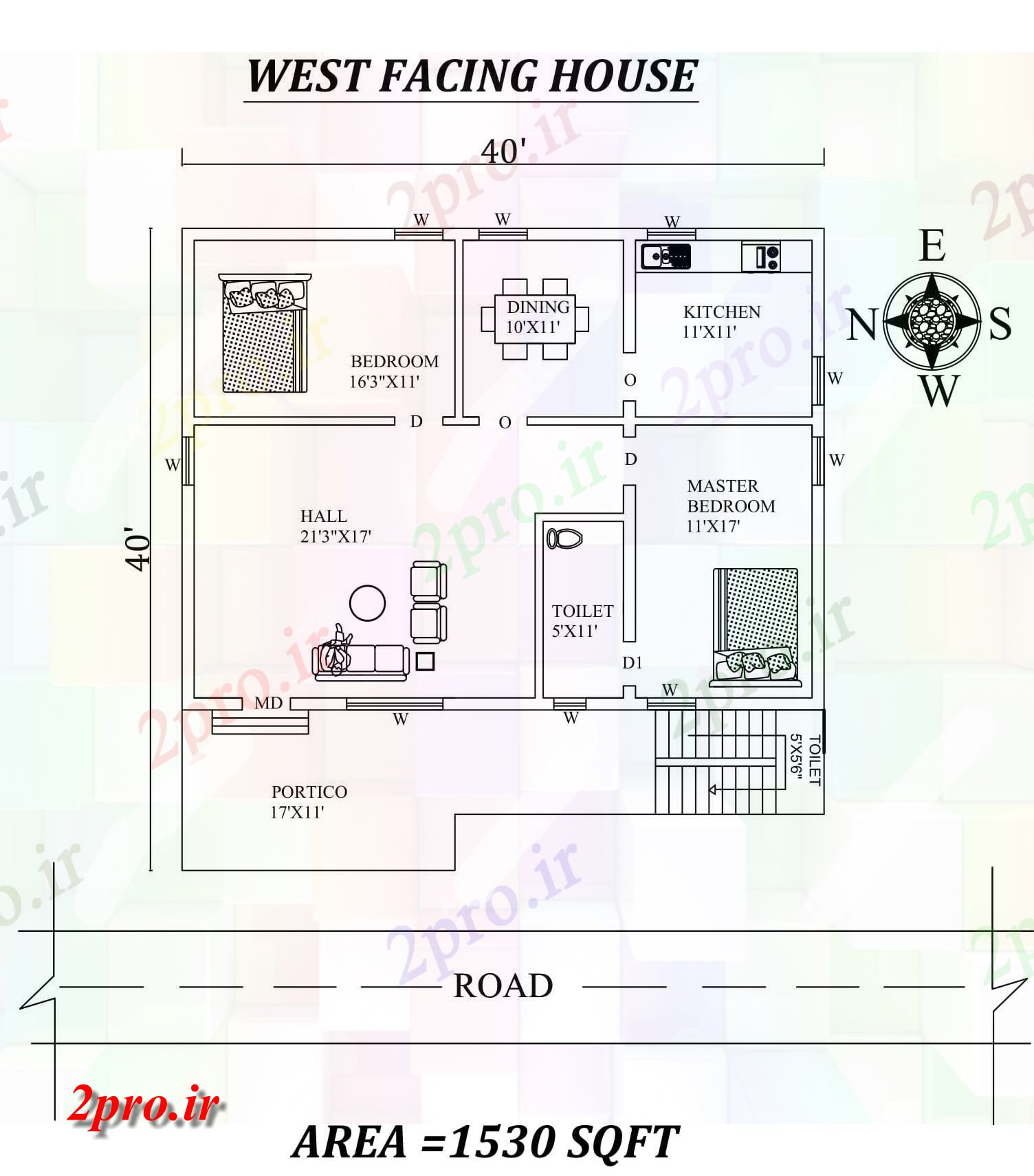 دانلود نقشه مسکونی ، ویلایی ، آپارتمان x40، 2bhk شگفت غرب مواجه خانه طرحی به عنوان در هر Vastu را Shastra و جزئیات پی دی اف 8 در 11 متر (کد157716)