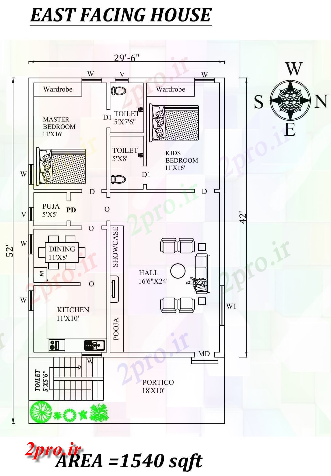 دانلود نقشه مسکونی ، ویلایی ، آپارتمان 6 X52 کامل 2bhk شرق مواجه خانه طرحی به عنوان در هر Vastu را Shastra و جزئیات پی دی اف 8 در 12 متر (کد157717)