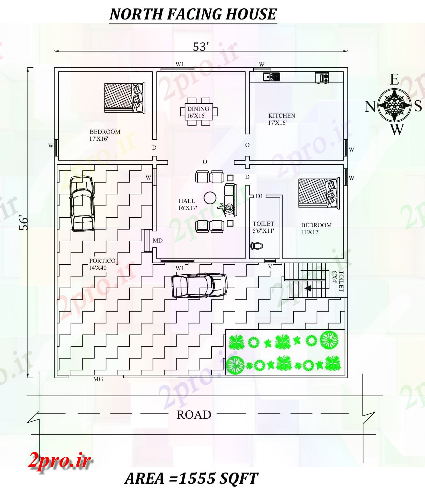 دانلود نقشه مسکونی ، ویلایی ، آپارتمان X56 'شگفت انگیز شمالی طرحی خانه 2bhk به عنوان در هر Vastu Shastra هستند اتوکد و جزئیات پی دی اف 10 در 15 متر (کد157720)