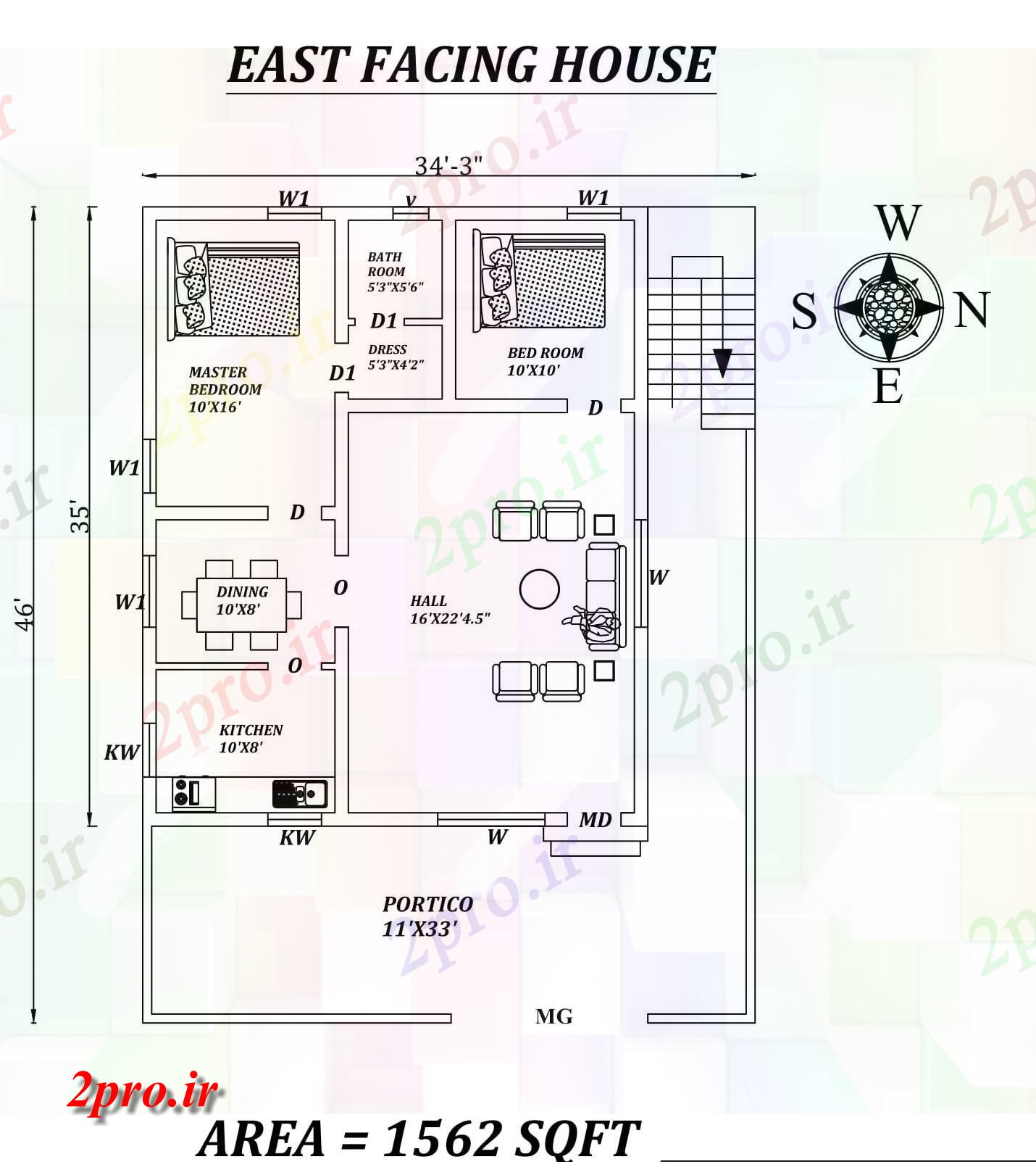 دانلود نقشه مسکونی ، ویلایی ، آپارتمان 3 X46 کامل 2bhk شرق مواجه خانه طرحی به عنوان در هر Vastu Shastra هستند اتوکد و جزئیات پی دی اف 8 در 10 متر (کد157722)