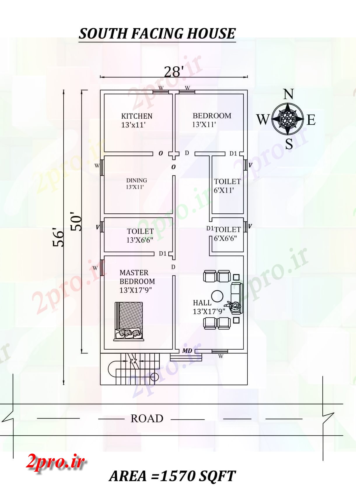 دانلود نقشه مسکونی ، ویلایی ، آپارتمان X56، جنوبی عالی 2bhk مواجه خانه طرحی به عنوان در هر Vastu را Shastra و جزئیات پی دی اف 8 در 14 متر (کد157725)