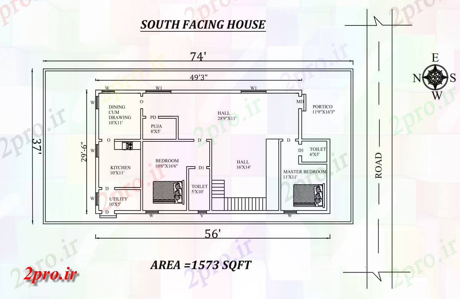 دانلود نقشه مسکونی ، ویلایی ، آپارتمان X29'6 جنوب عالی 2bhk مواجه خانه طرحی به عنوان در هر Vastu را Shastra و جزئیات پی دی اف 8 در 16 متر (کد157726)