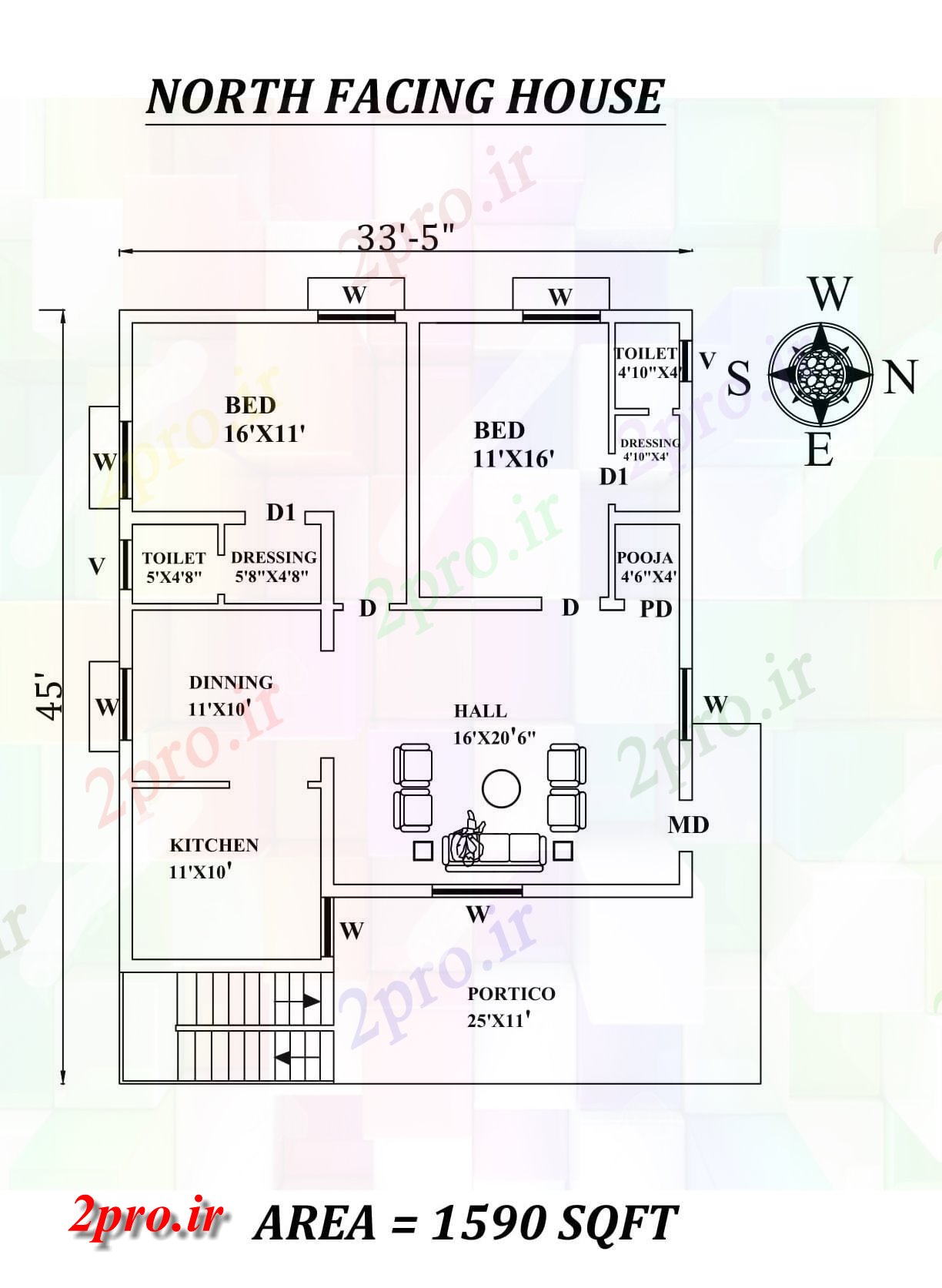 دانلود نقشه مسکونی ، ویلایی ، آپارتمان 5 X45 'شگفت انگیز شمالی طرحی خانه 2bhk به عنوان در هر Vastu Shastra هستند اتوکد و جزئیات پی دی اف 9 در 11 متر (کد157728)