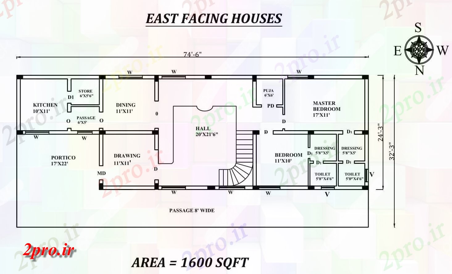 دانلود نقشه مسکونی ، ویلایی ، آپارتمان 6 X24'3 کامل 2bhk شرق مواجه خانه طرحی به عنوان در هر Vastu Shastra هستند 7 در 21 متر (کد157733)