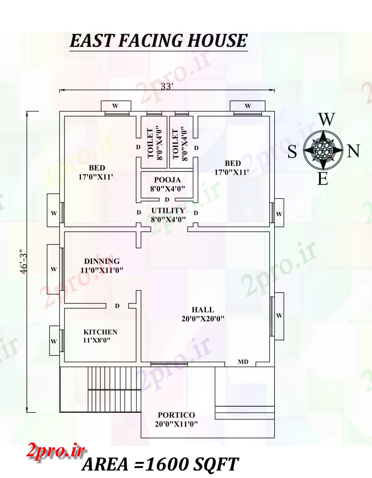 دانلود نقشه مسکونی ، ویلایی ، آپارتمان X46'3 شگفت انگیز 2bhk شرق مواجه خانه طراحی به عنوان پستها در طول Vastu را Shastra و جزئیات پی دی اف 9 در 11 متر (کد157734)