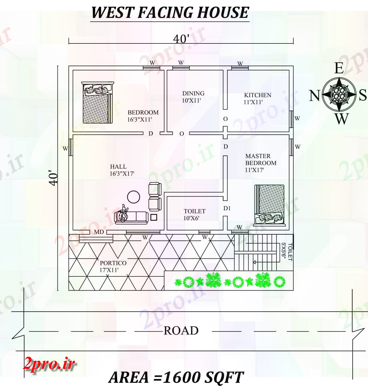 دانلود نقشه مسکونی ، ویلایی ، آپارتمان x40 'شگفت انگیز 2bhk غرب مواجه خانه طرحی به عنوان در هر Vastu را Shastra و جزئیات پی دی اف 8 در 11 متر (کد157737)