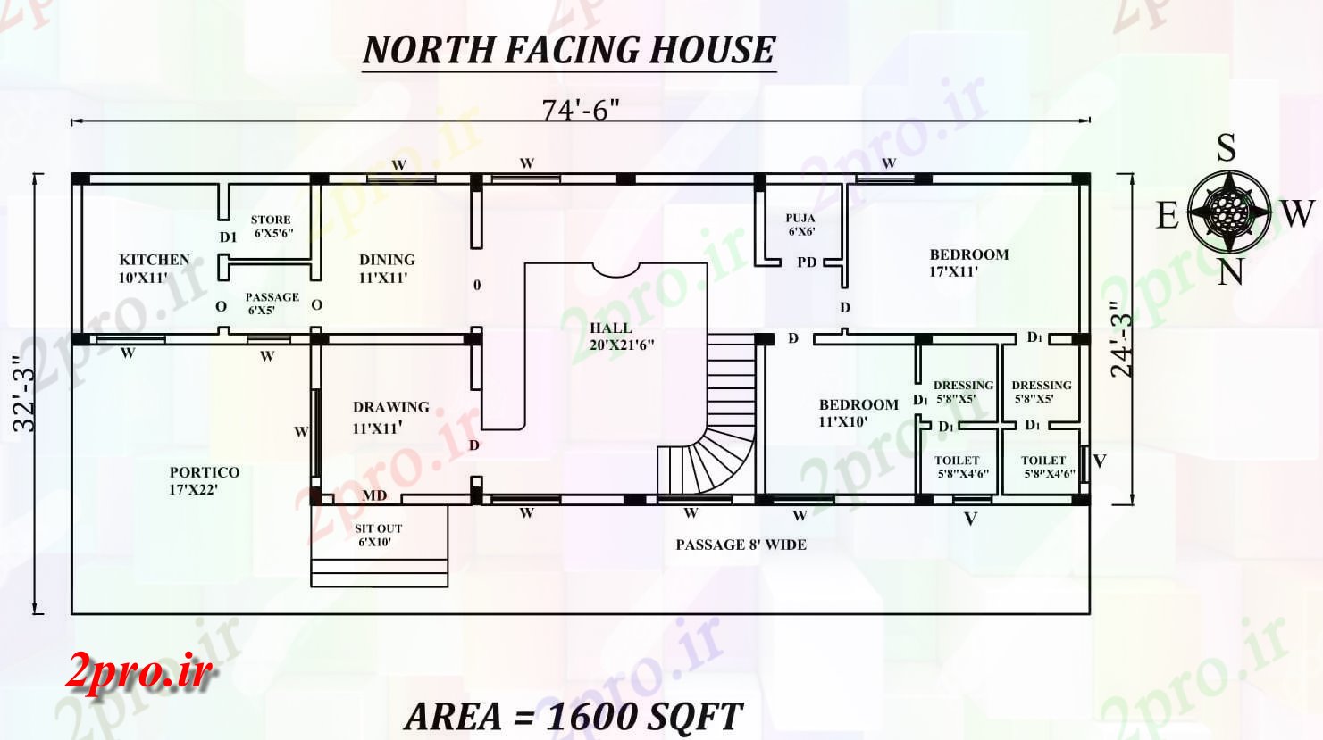 دانلود نقشه مسکونی ، ویلایی ، آپارتمان 6 X24'3 شمال 2bhk کامل مواجه خانه طرحی به عنوان در هر Vastu Shastra هستند 7 در 21 متر (کد157740)